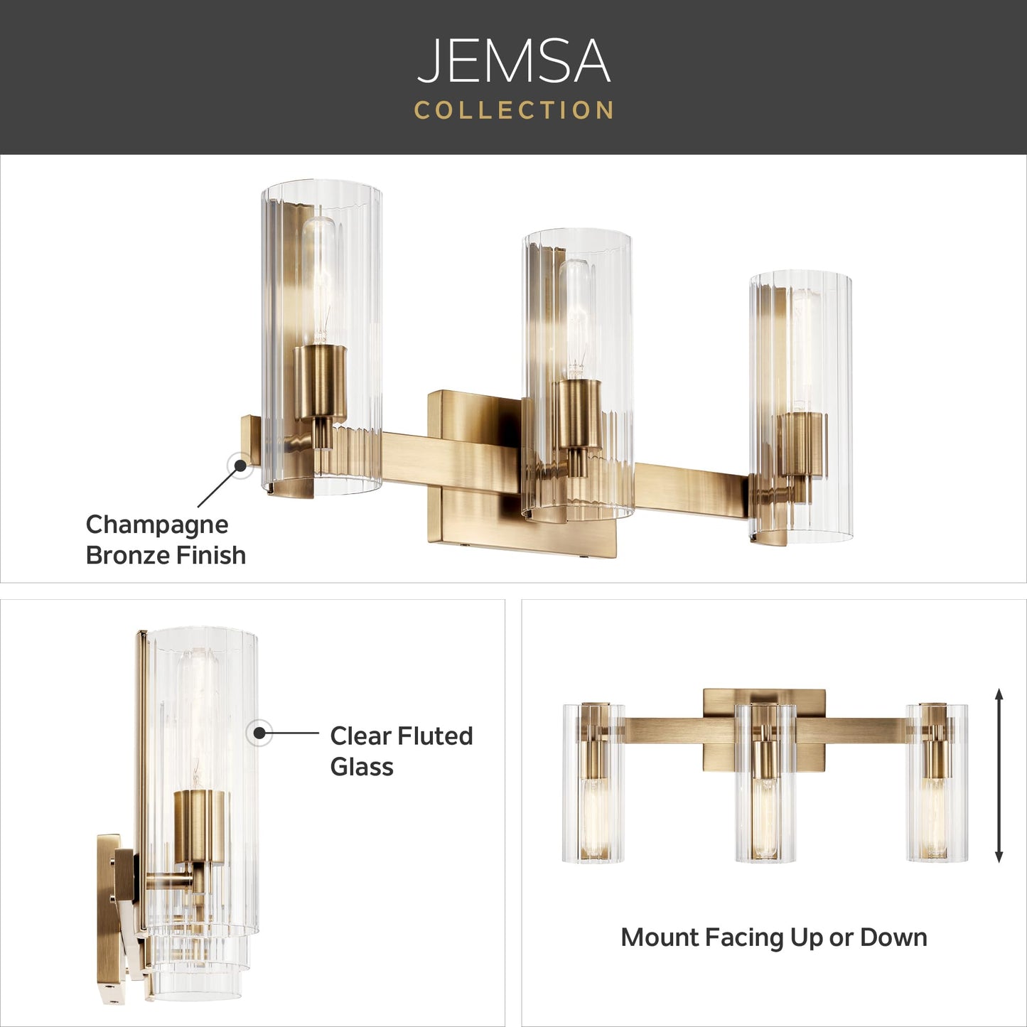 KICHLER Jemsa 3 Light Vanity, Modern Light with Clear Fluted Glass in Champagne Bronze for Bathroom or Powder Room (9.75" x 22.75"), 55168CPZ