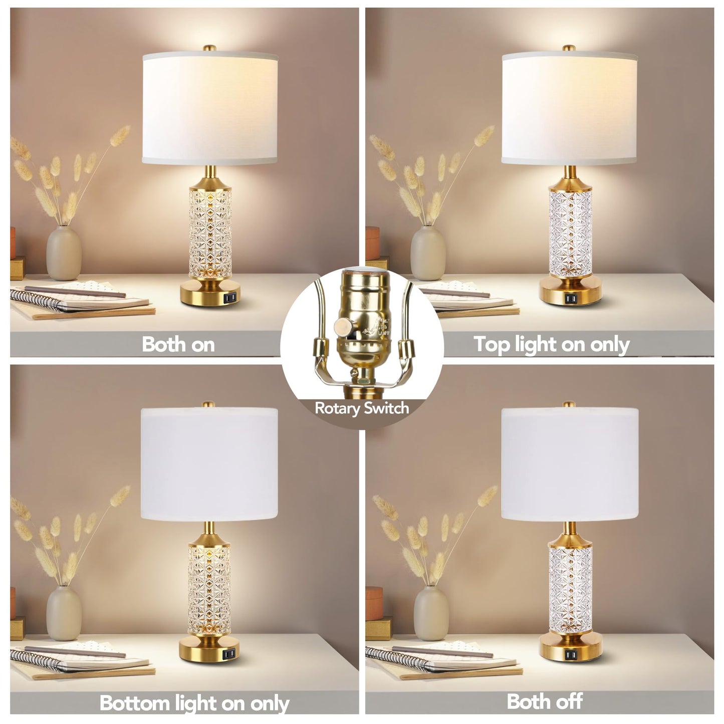 QiMH Set of 2 Table Lamps with USB Ports, Modern Bedside Lamp with LED Night Light for Bedroom, Nightstand Lamps for Living Room Office (Gold)(2 Bulbs Include)