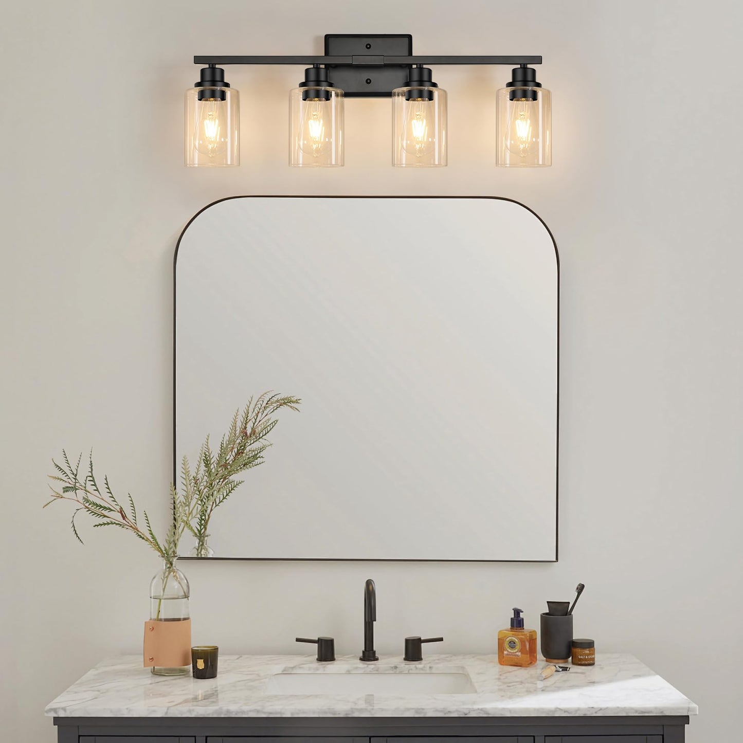 Unicozin Modern Bathroom Light Fixtures, 4 Light Vanity Lights Over Mirror, Black Wall Lamp with Clear Glass for Living Room Cabinet Bedroom Porch