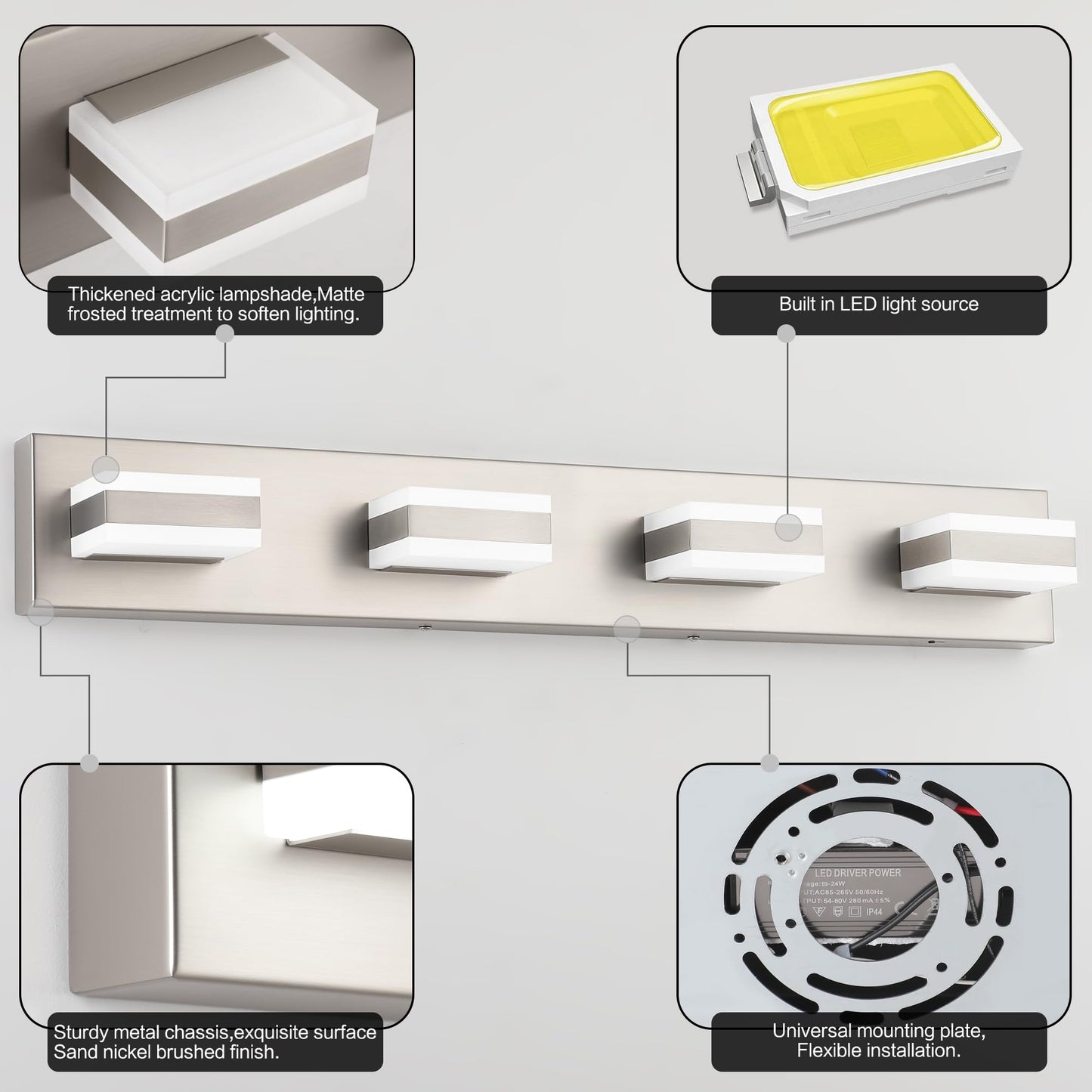 SOLFART Bathroom Vanity Lights Brushed Nickel Light Fixtures for Bathroom Above Mirror 4 Light Led Lights Bath Lighting Fixture Nickel