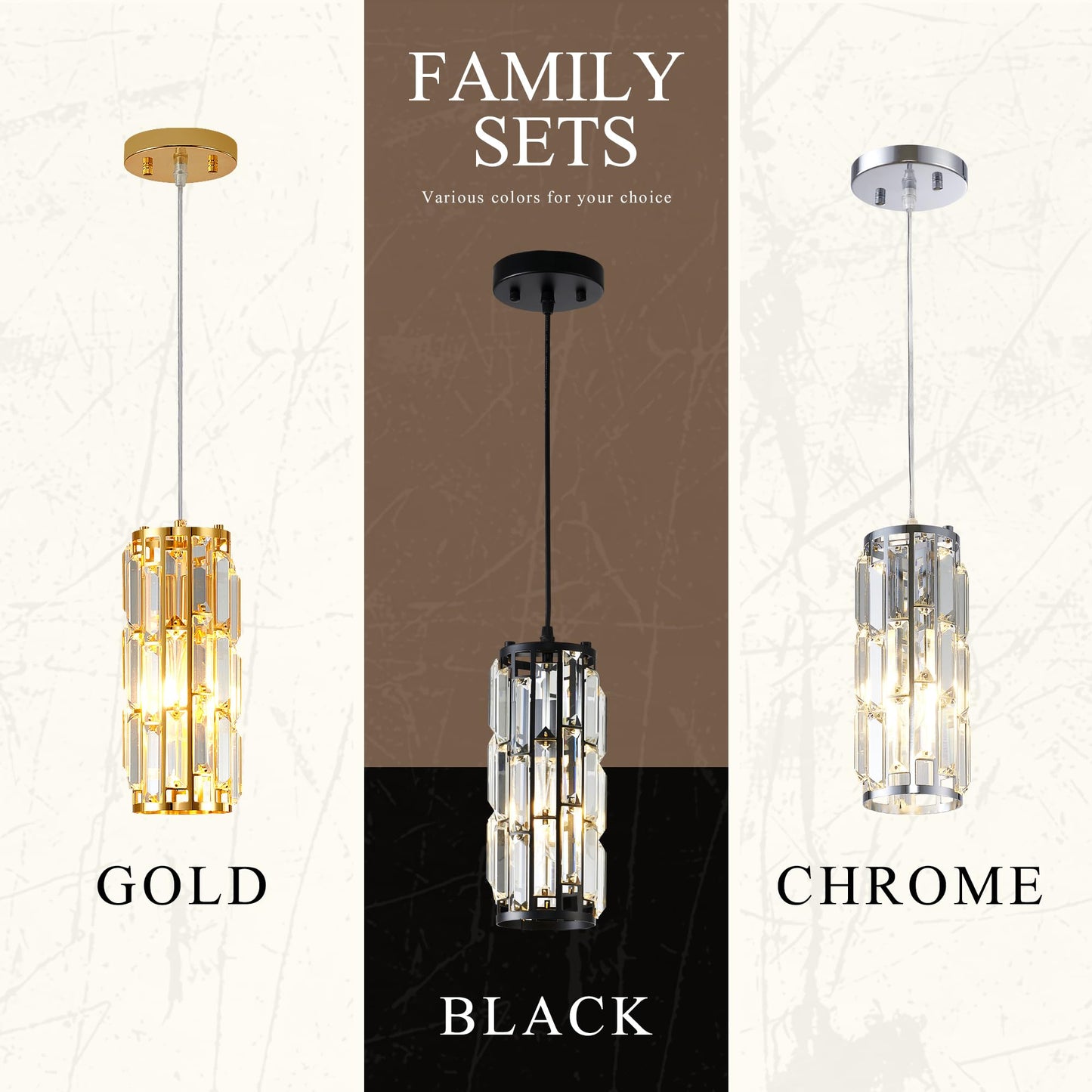 XLHYTF Black Pendant Lighting Modern Pendant Lighti，Pendant Lights Kitchen Island Crystal Pendant Light Fixture，Mini Crystal Chandeliers for Kitchen, Dining Room and Bedroom (3 Pack)