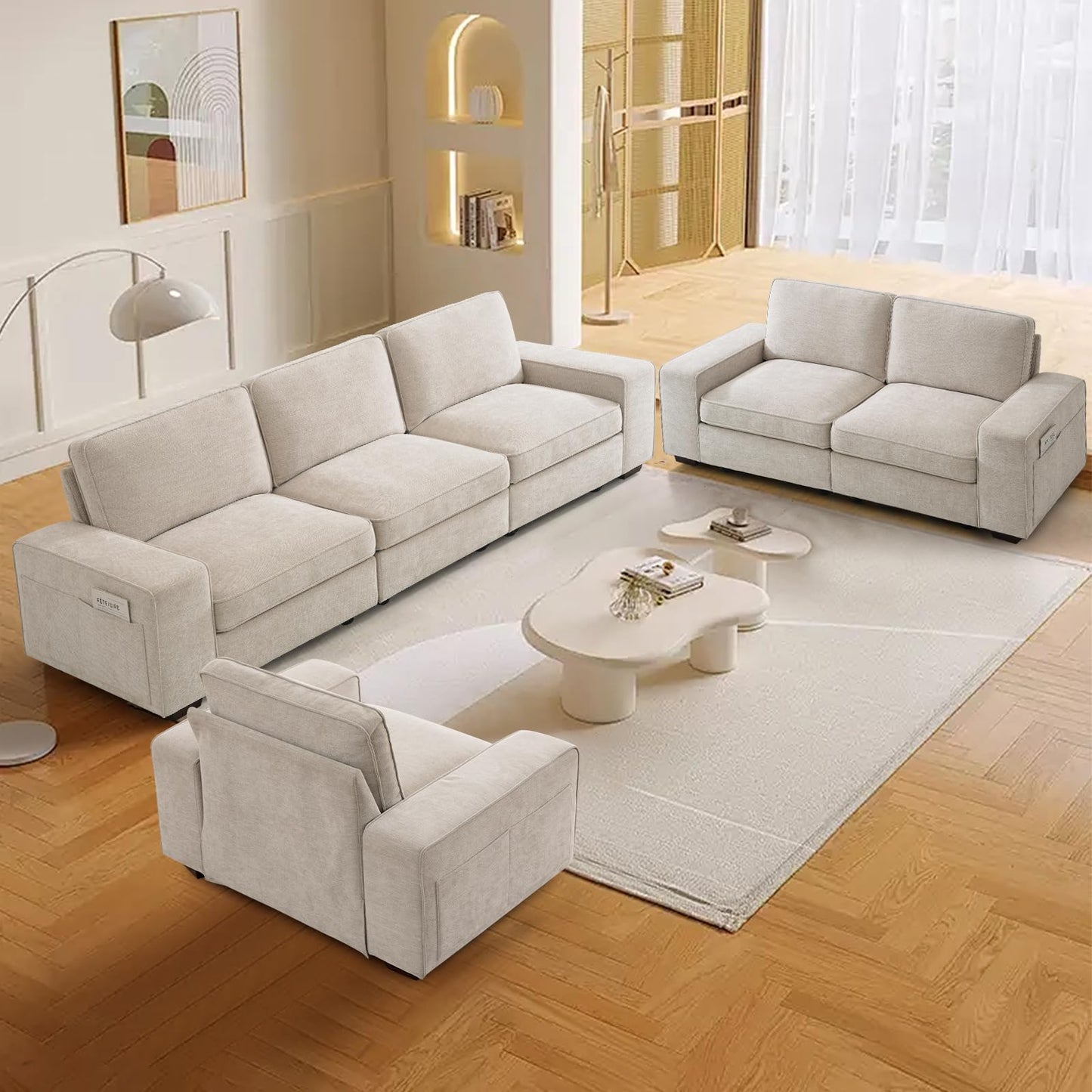 TEKAMON 100" Modular Sofa with Seats Storage, Comfy 3-Seater Chenille Fabric Couch for Living Room, Office, Apart W/Deep Seat, Wide Arms, Side Pockets, USB, Upholstered Couch W/Removable Cover