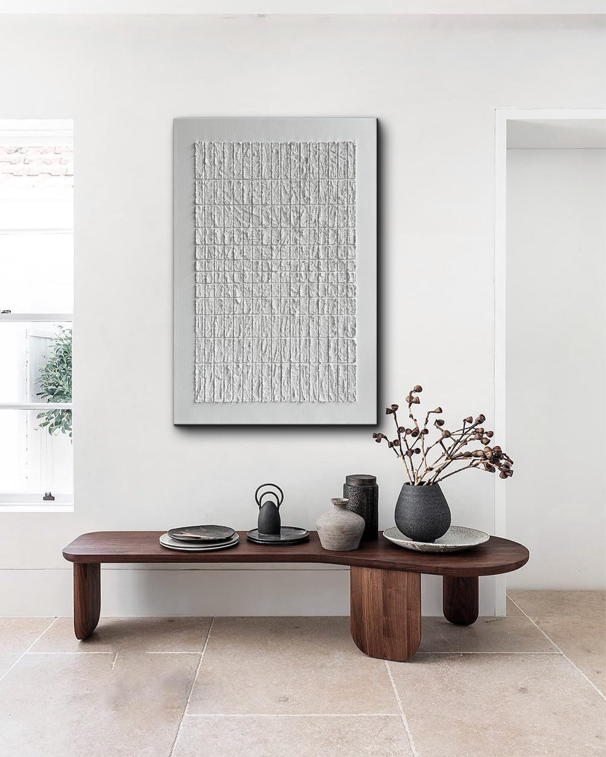 Eonzeun Hand Painted White Textured Wall Art,Abstract 3D Wabi Sabi Texture Painting 30x45 inch,Contemporary Minimalist Oil Painting on Canvas Home Wall Decor