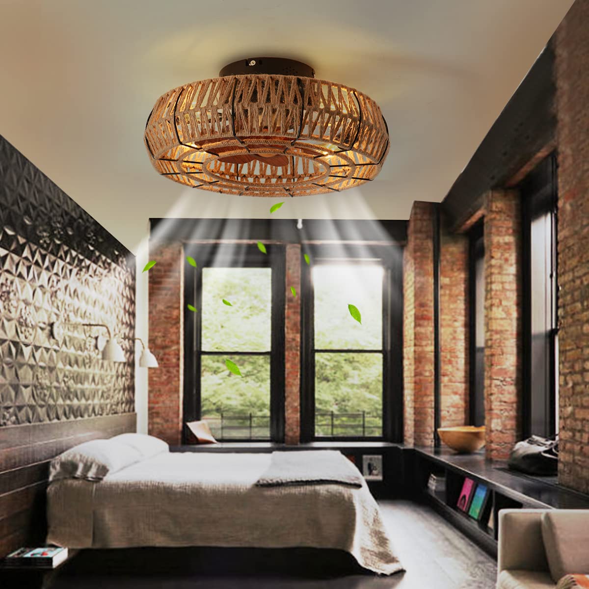 Letmarey 20" Caged Ceiling Fans with Lights and Remote, Boho Flush Mount Ceiling Fan with Light, Low Profile Chandelier 6 Speed Bladeless Reversible Ceiling Fan w/ 4 Bulbs. for Living Room Bedroom.