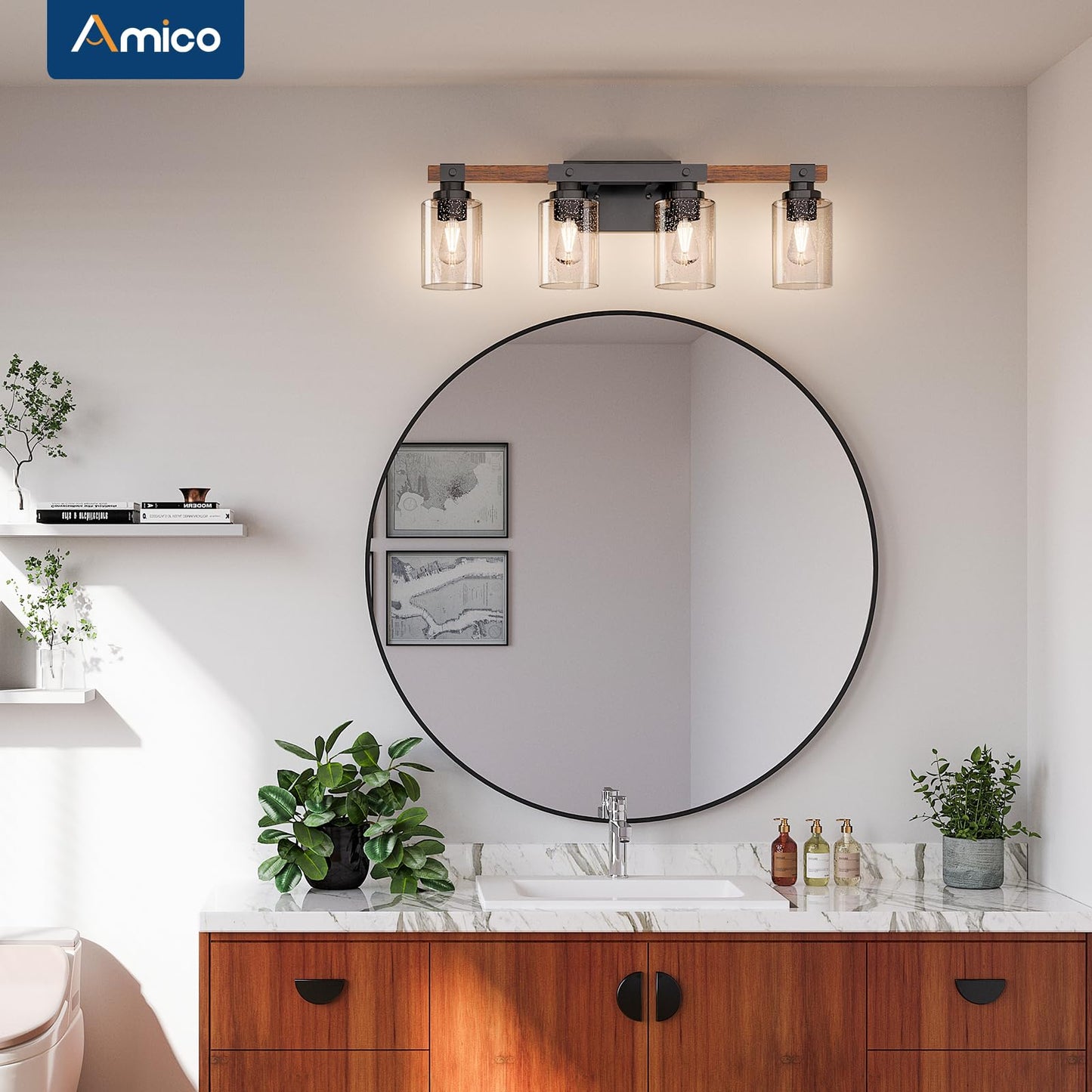 Amico Farmhouse Bathroom Vanity Light Fixtures,Rustic 4-Light Industrial Painted Wood Lights,Vintage Black Wall Sconces Bathroom Vanity Lighting with Bubble Glass Shade