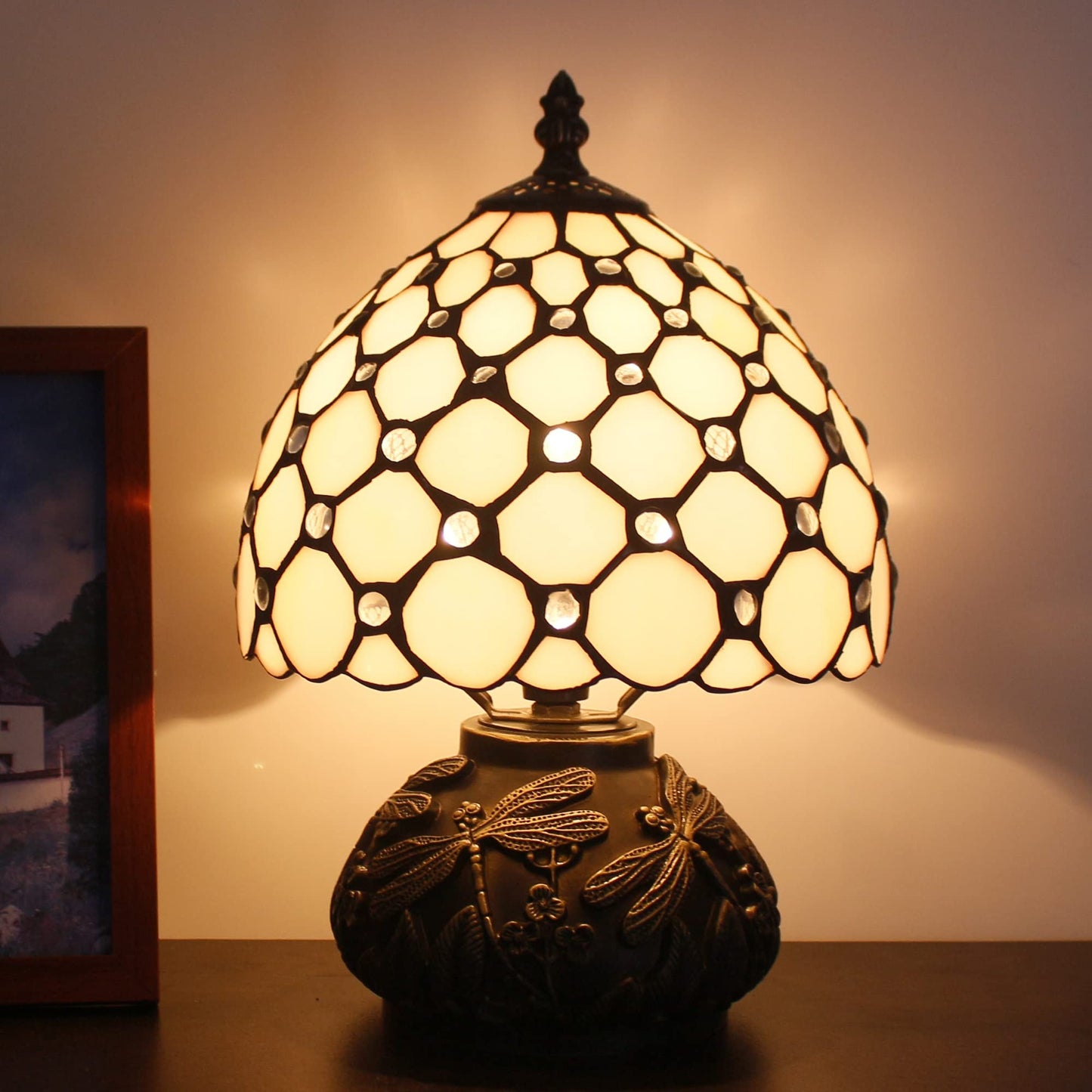 Small Tiffany Lamp Mini Stained Glass Table Lamp Cream Pearl Beads Style Mushroom Desk Light Memory Sympathy Lamp 8X11 Inch