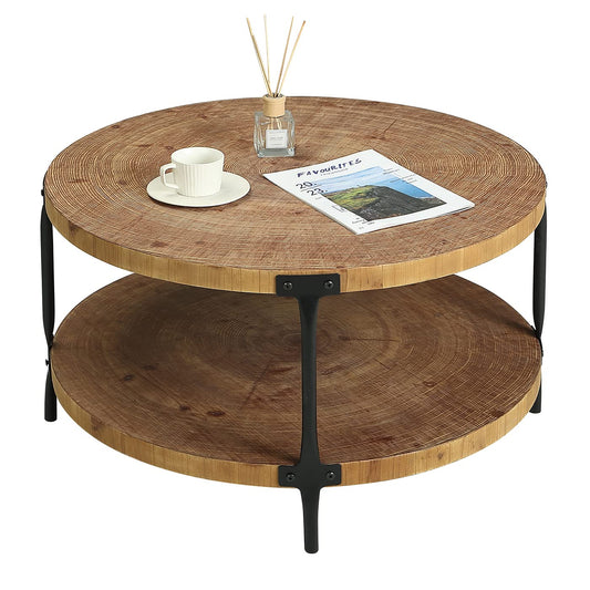 Awescuti Round Boho Wood Coffee Table - 29.1" Farmhouse Natural Circle Wooden 2-Tier Coffee Tables Living Room Furniture, Natural Wood Color, 29.1" D x 18.3" H