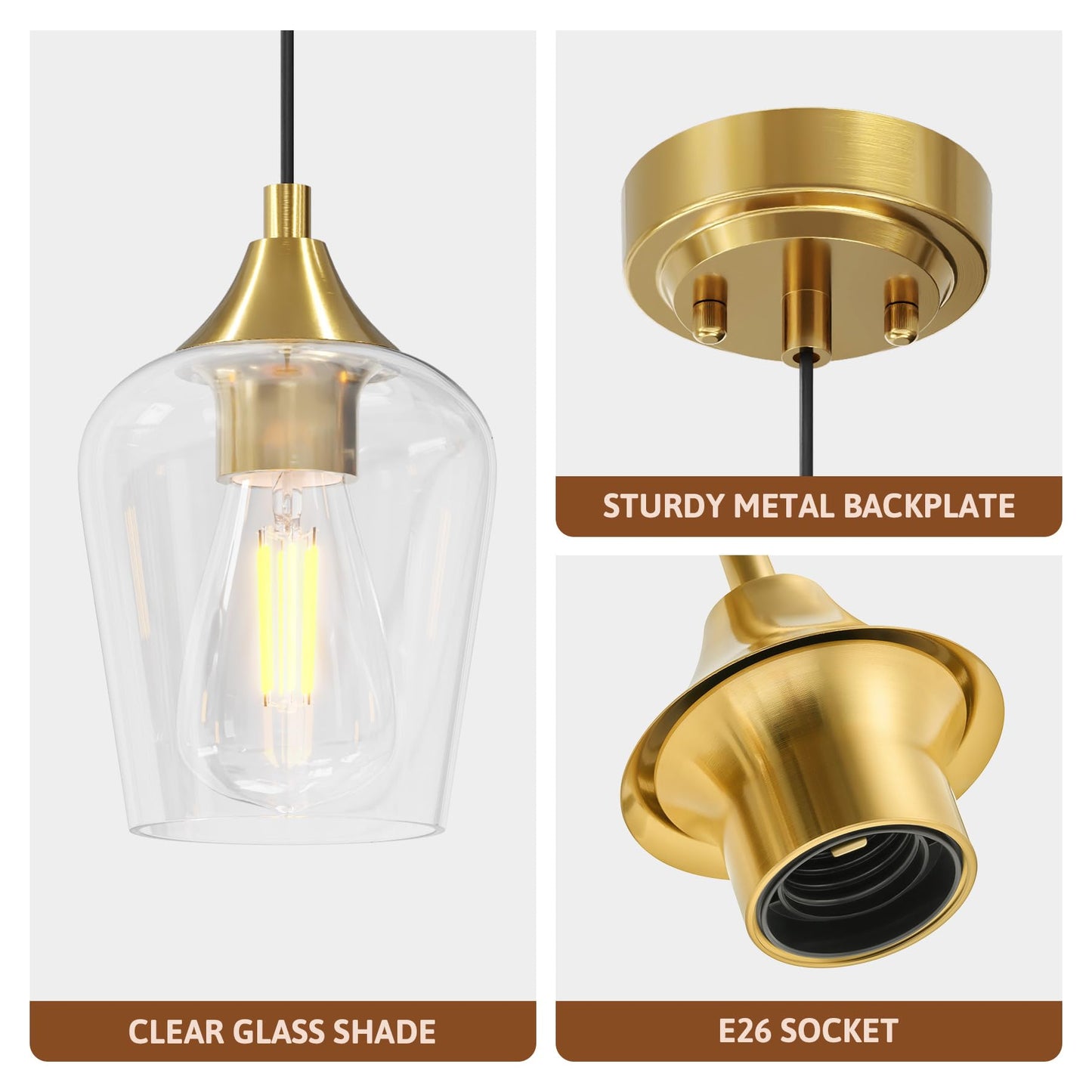 VONLUCE Pendant Lights Kitchen Island, Brushed Gold Pendant Light Fixtures with E26 Base & Adjustable Cable, Modern Pendant Lighting with Glass Shade for Living Room Bedroom Hallway, 3 Packs
