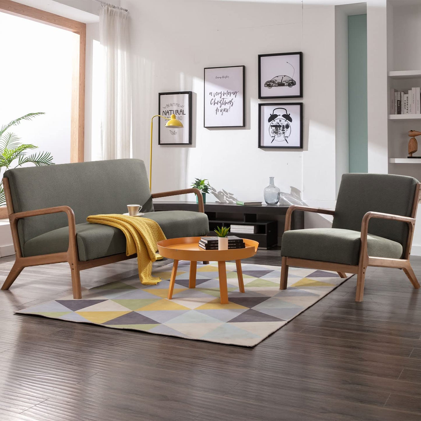 INZOY 50" Love seat Sofa 2 Seat Mid Century Modern Accent Chair, Uplostered 2 Person Couch Loveseat for Small Place Bedroom Office, Wood Frame and Attached 2 Waist Cushions, Green