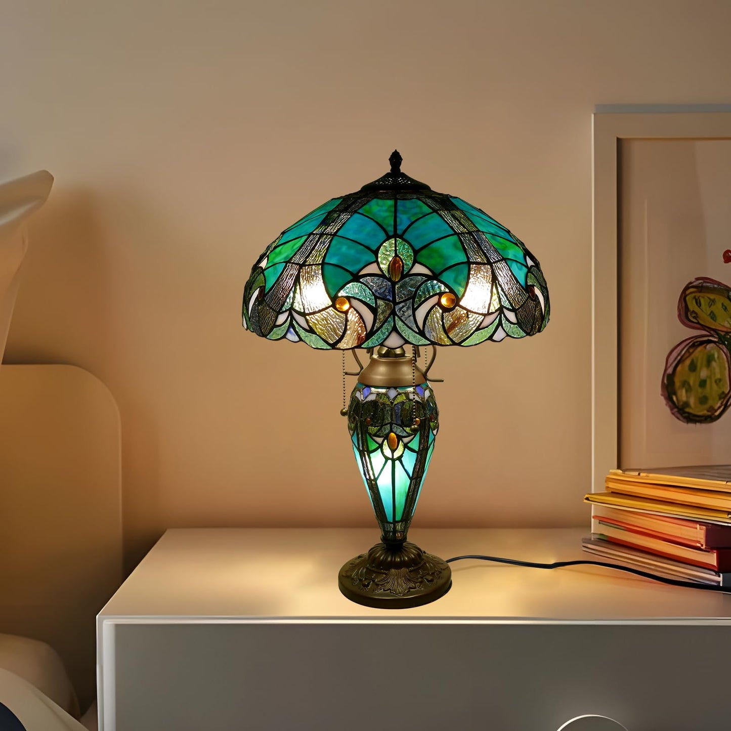 VirtueKing Tiffany Style Table Lamp 16 Inch Wide Green Tiffany Lamp Handmade Stained Glass Lamp 24" Tall Mother-Daughter Style Desk Reading Light Decor for Bedroom Living Room Home Office