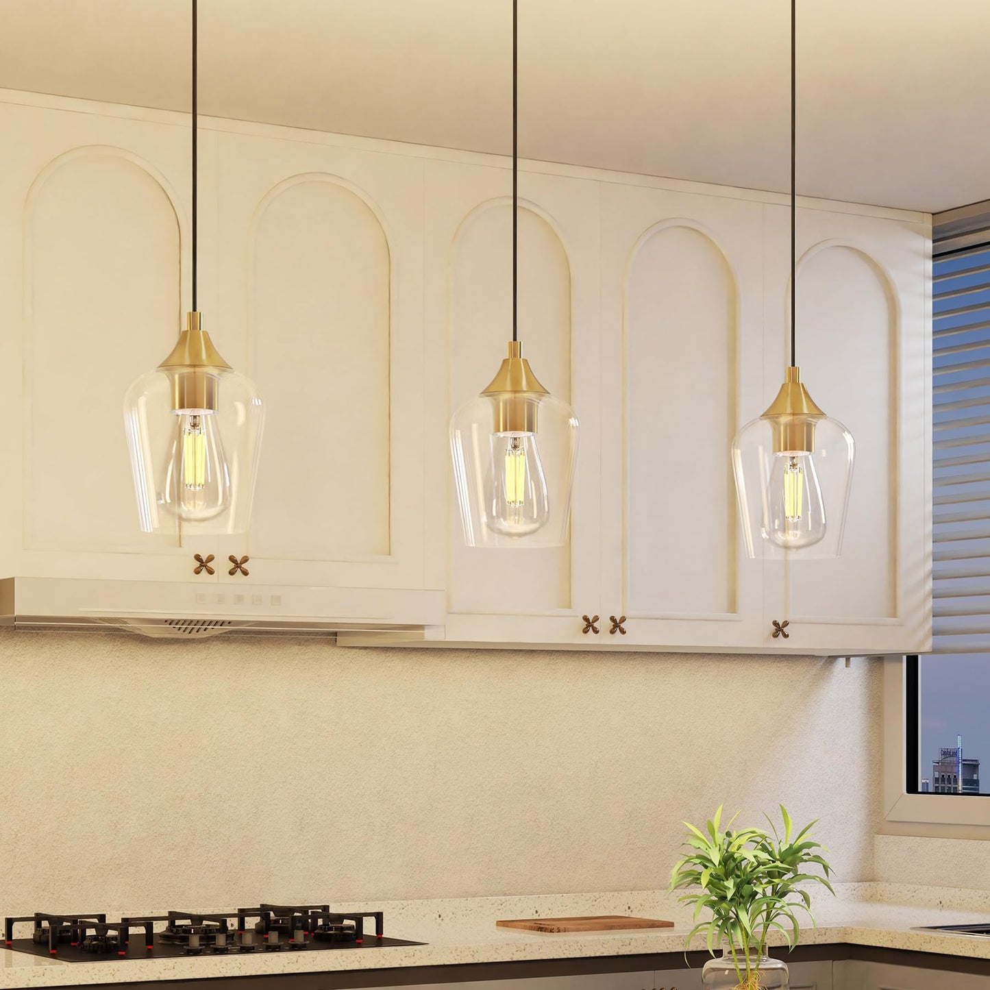 VONLUCE Pendant Lights Kitchen Island, Brushed Gold Pendant Light Fixtures with E26 Base & Adjustable Cable, Modern Pendant Lighting with Glass Shade for Living Room Bedroom Hallway, 3 Packs
