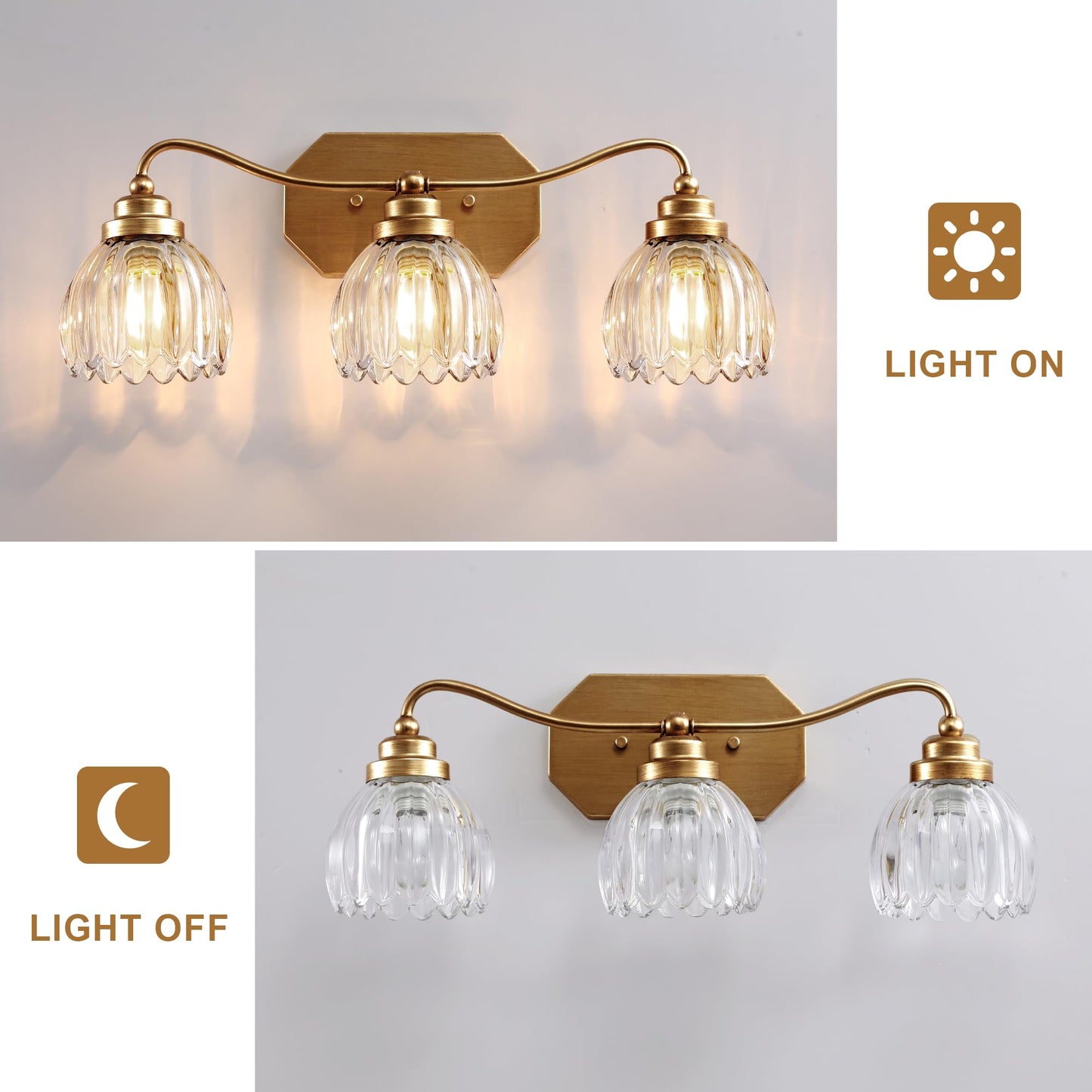 Vintage Bathroom Light Fixtures, Gold Bathroom Vanity Light, Matte Antique Brass Finish with Crystal Glass Shade, Wall Sconces Lighting for Bedroom, Living Room, Hallway (Gold, 3-Light)