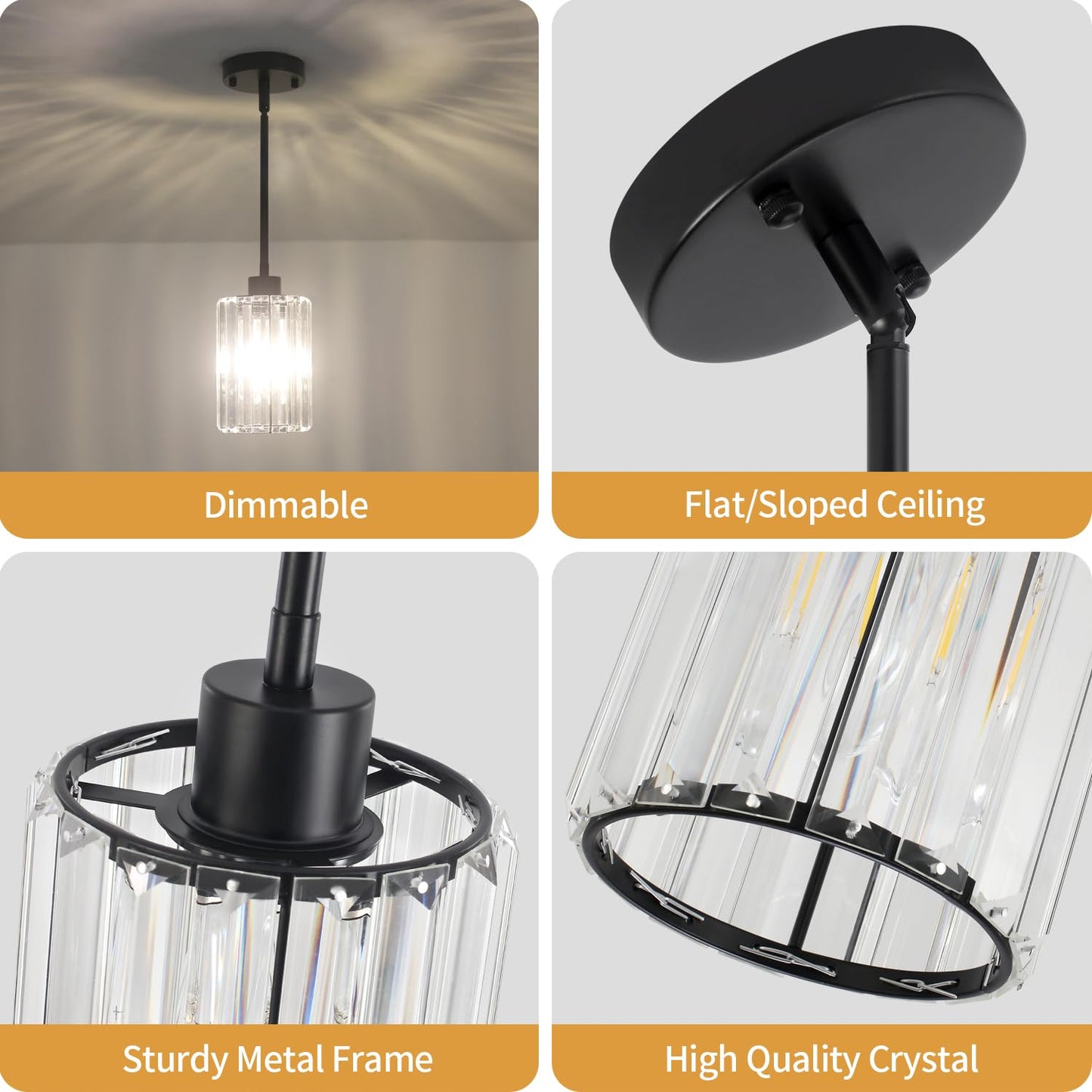 ZSMIHDOH 2 Pack Black Pendant Light, Modern Crystal Pendant Lights Kitchen Island Lighting, Hanging Light Fixtures Mini Chandelier Pendant Lights for Island Dining Room Hallway Bedroom