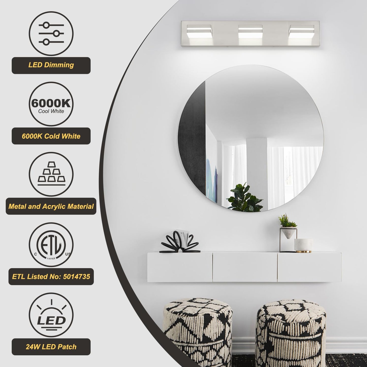 OKELI 3 Light Bathroom Vanity Light Brushed Nickel Modern 24W LED Dimmable Vanity Light Over Mirror 350° Adjustable Lamp Head Cold White 6000K ETL Listed 22Inch