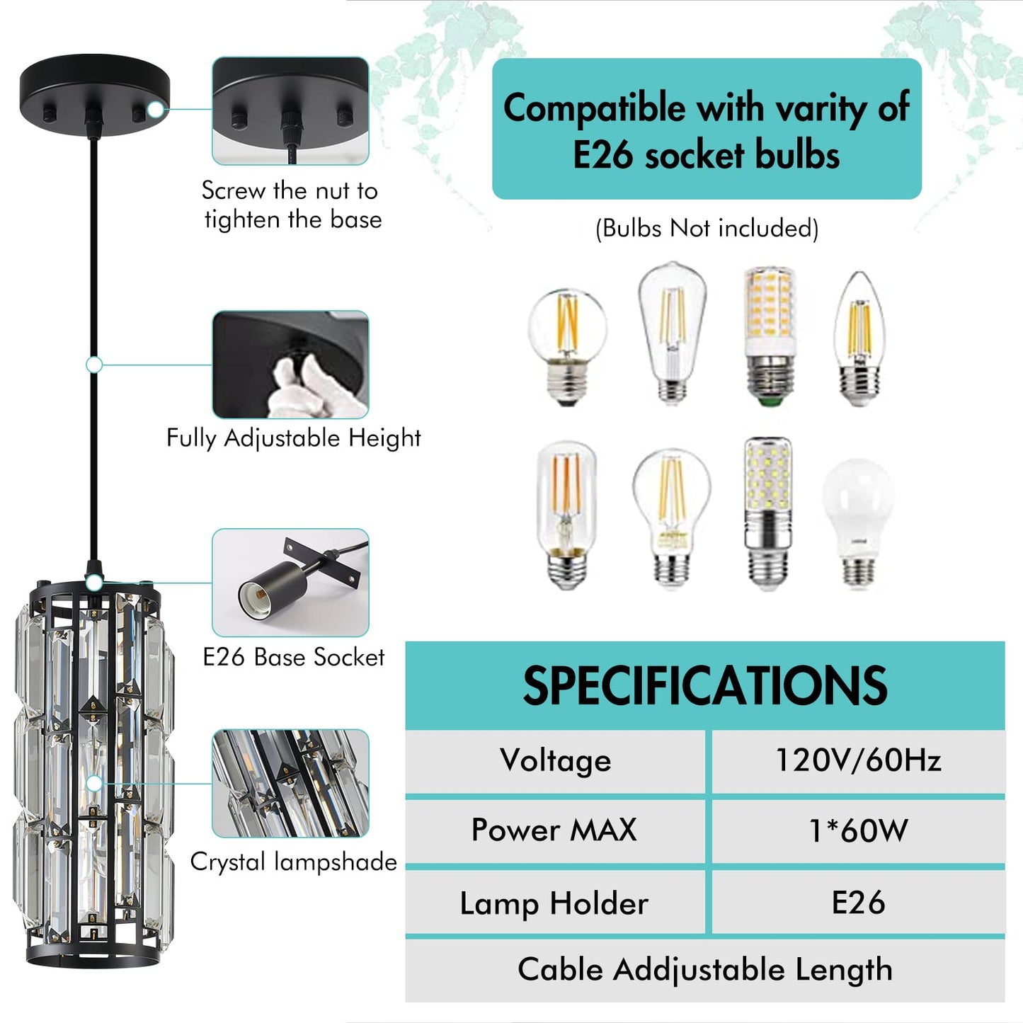 XLHYTF Black Pendant Lighting Modern Pendant Lighti，Pendant Lights Kitchen Island Crystal Pendant Light Fixture，Mini Crystal Chandeliers for Kitchen, Dining Room and Bedroom (3 Pack)
