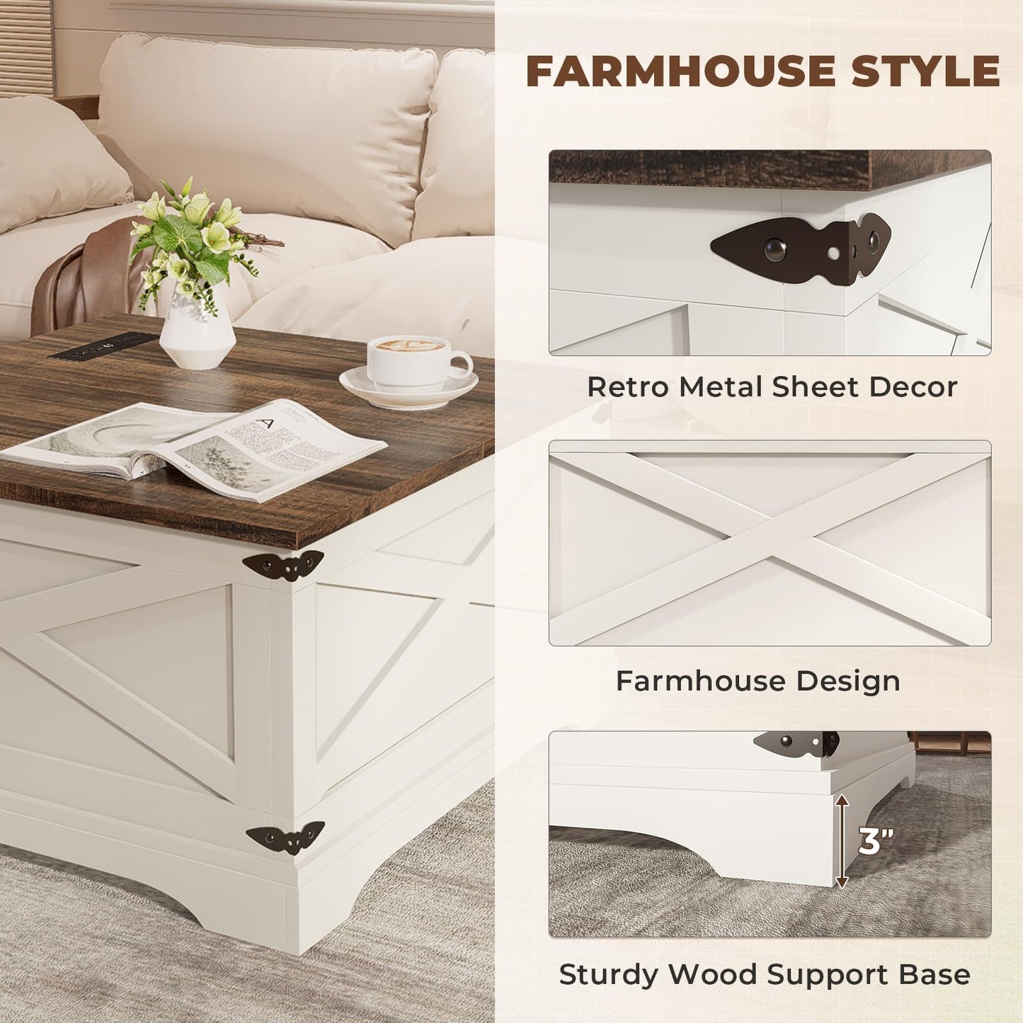 BROTTAR Lift Top Coffee Table with Storage, Square Coffee Table for Living Room with Charging Ports, Farmhouse Dining Table with Large Hidden Storage, White, 31.5"