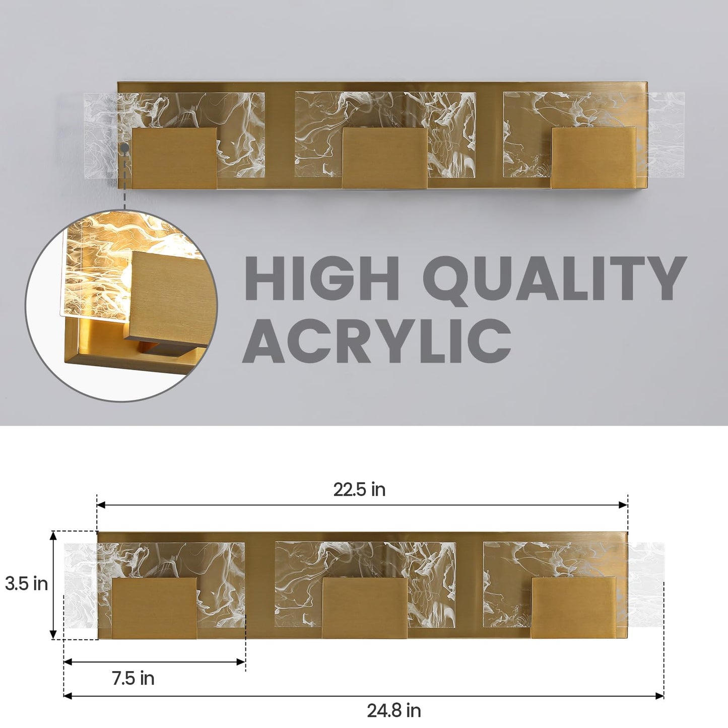 HAHZT LED Bathroom Vanity Light: 24 inch Brushed Gold Acrylic Modern Lighting Fixtures - 3 Lights Contemporary Smoke Design Wall Lights Fixture Over Mirror 3000K