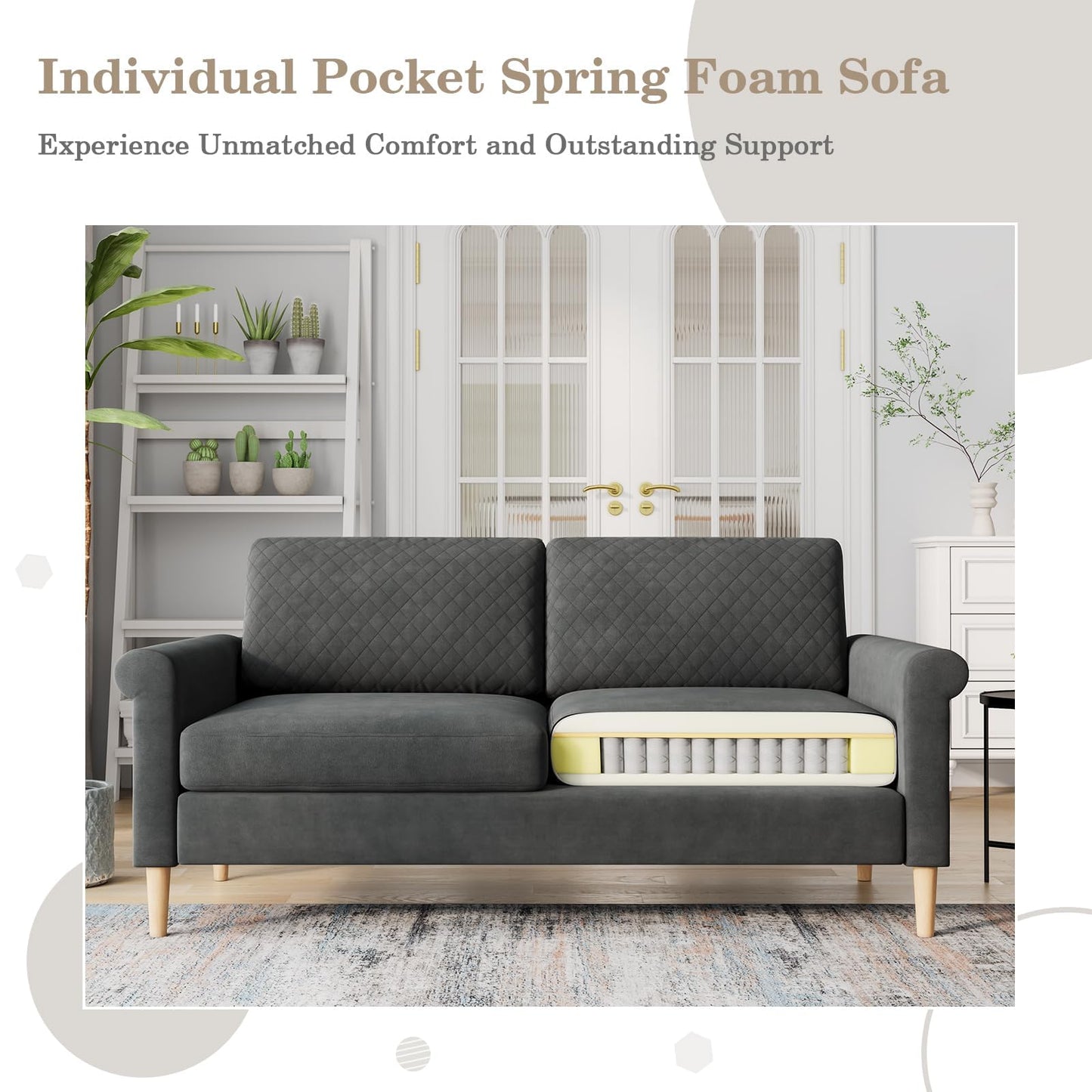 Vesgantti 65" Gray Loveseat, Comfy Mid-Century Modern 2-Seat Sofa, No-Tool Assembly Small Couch for Living Room & Bedroom