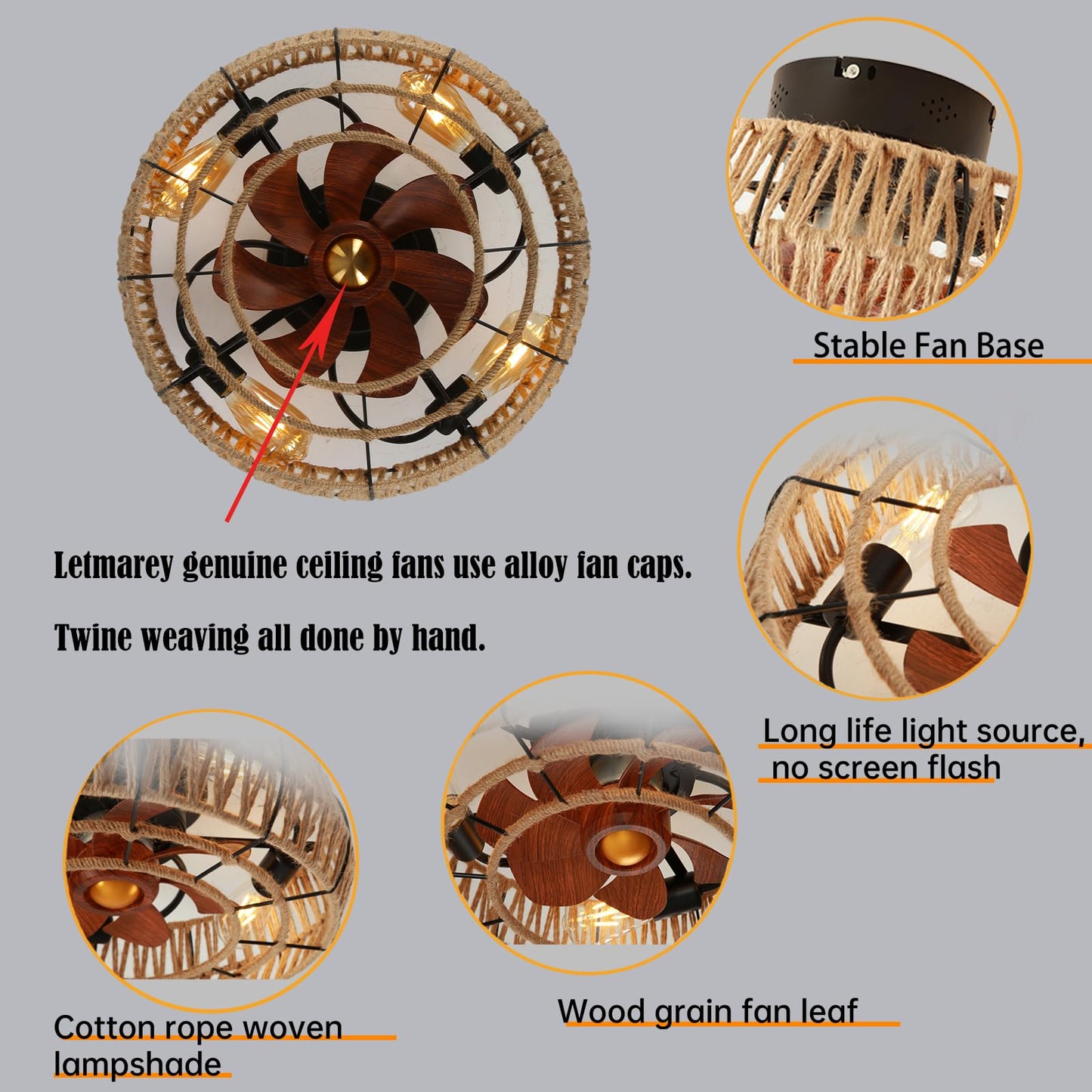 Letmarey 20" Caged Ceiling Fans with Lights and Remote, Boho Flush Mount Ceiling Fan with Light, Low Profile Chandelier 6 Speed Bladeless Reversible Ceiling Fan w/ 4 Bulbs. for Living Room Bedroom.