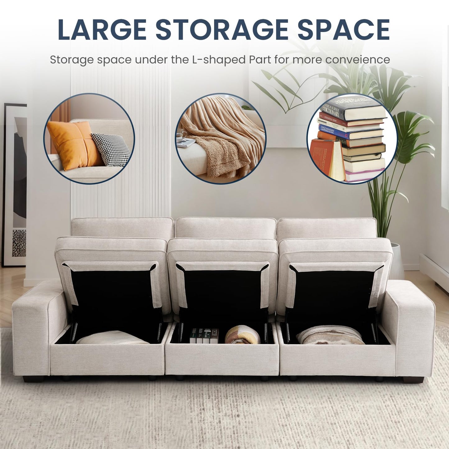 TEKAMON 100" Modular Sofa with Seats Storage, Comfy 3-Seater Chenille Fabric Couch for Living Room, Office, Apart W/Deep Seat, Wide Arms, Side Pockets, USB, Upholstered Couch W/Removable Cover