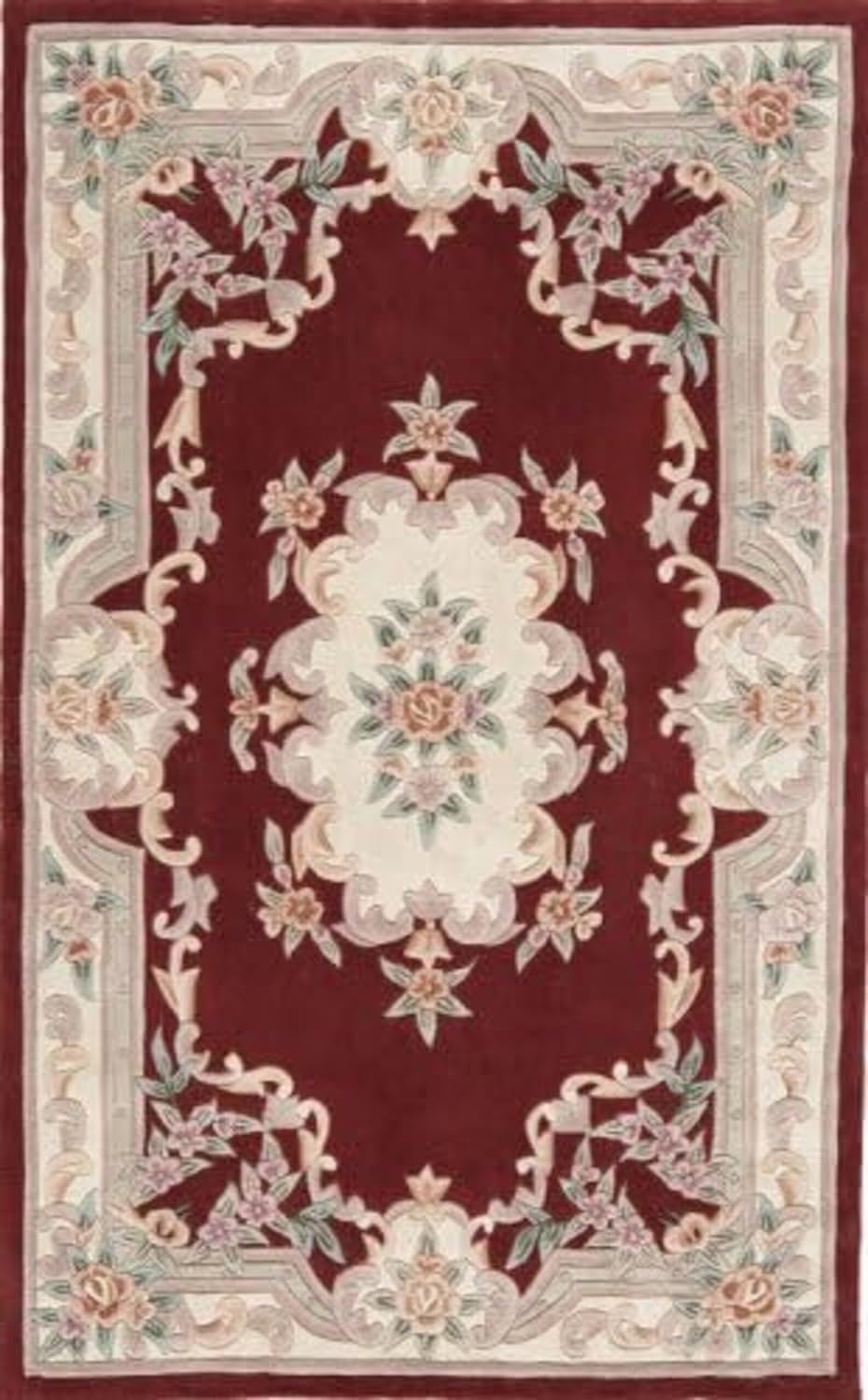Handmade Premium Area Rug Aubusson Design, Luxury Wool Crafted Non- Slip Bedroom Rug, Dining Room, Hallway Entryway Carpet, Woolen for Accent (Red E5, 9X12 feet)