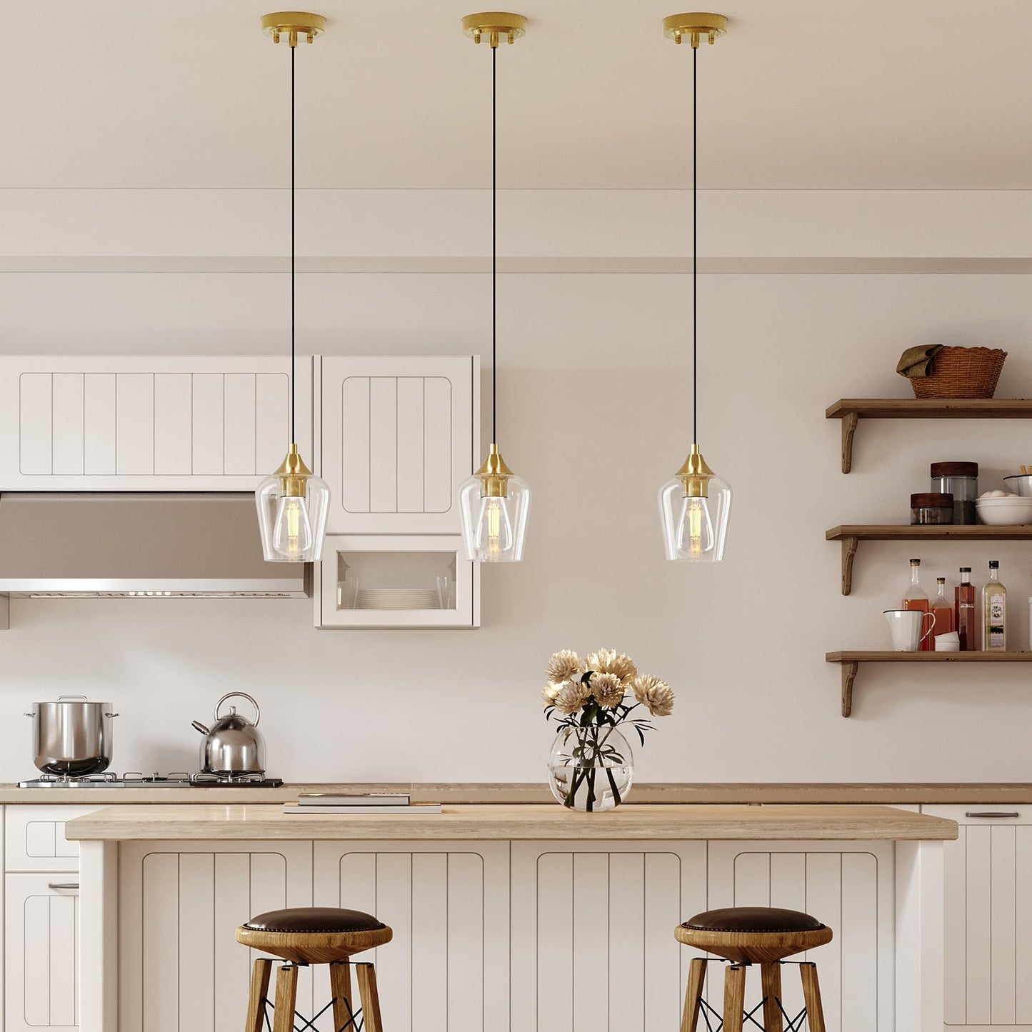 VONLUCE Pendant Lights Kitchen Island, Brushed Gold Pendant Light Fixtures with E26 Base & Adjustable Cable, Modern Pendant Lighting with Glass Shade for Living Room Bedroom Hallway, 3 Packs