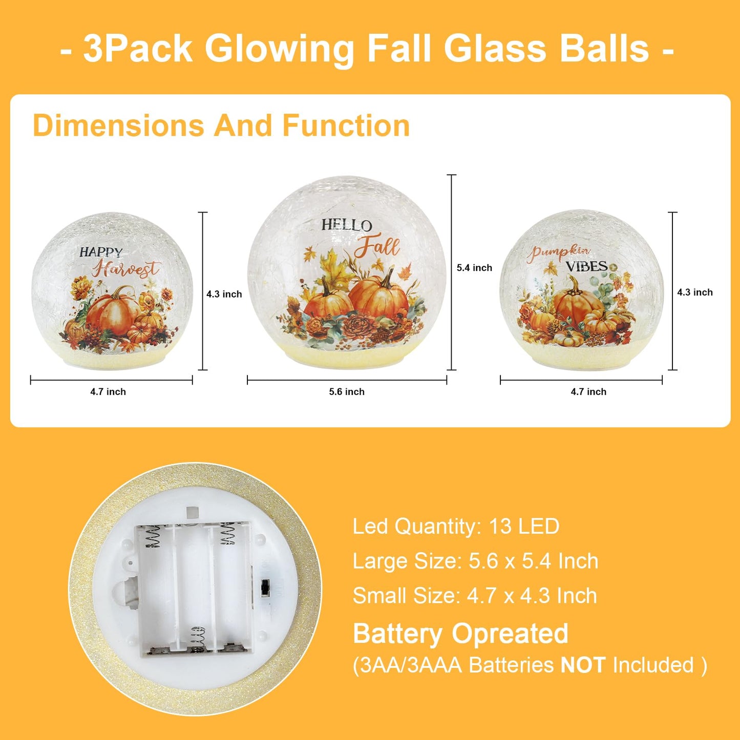 NEEDOMO Fall Table Decor, Set of 3 Sparkling Crackle Glass Ball with LED Lights Timer Pumpkin Gnomes for Thanksgiving Decor, Autumn Centerpieces Thanksgiving Decorations for HomeTabletop Mantel Indoor