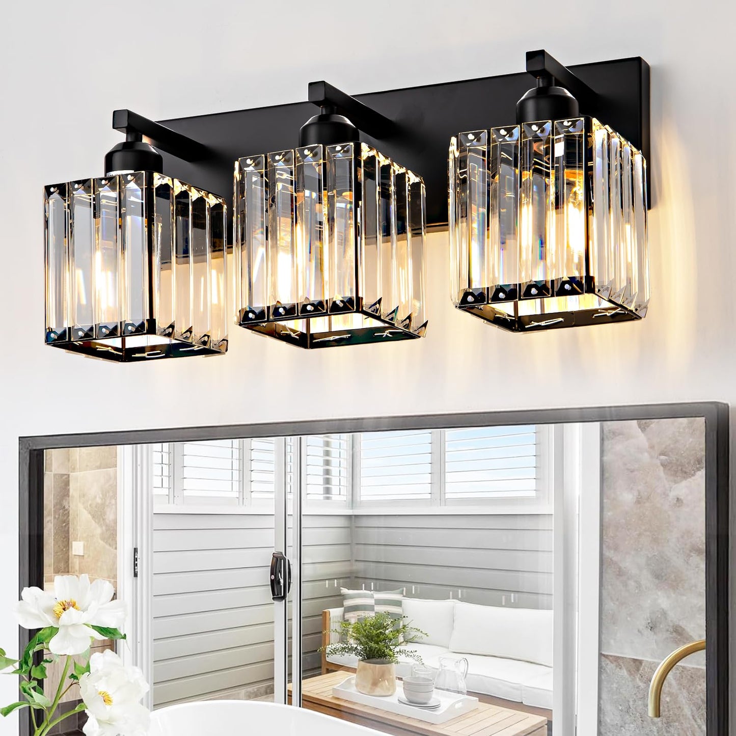 Aixialin Black Bathroom Vanity Light 3 Lights, Crystal Bathroom Wall Light Fixtures Modern Vanity Light Over Mirror (Exclude Bulb)