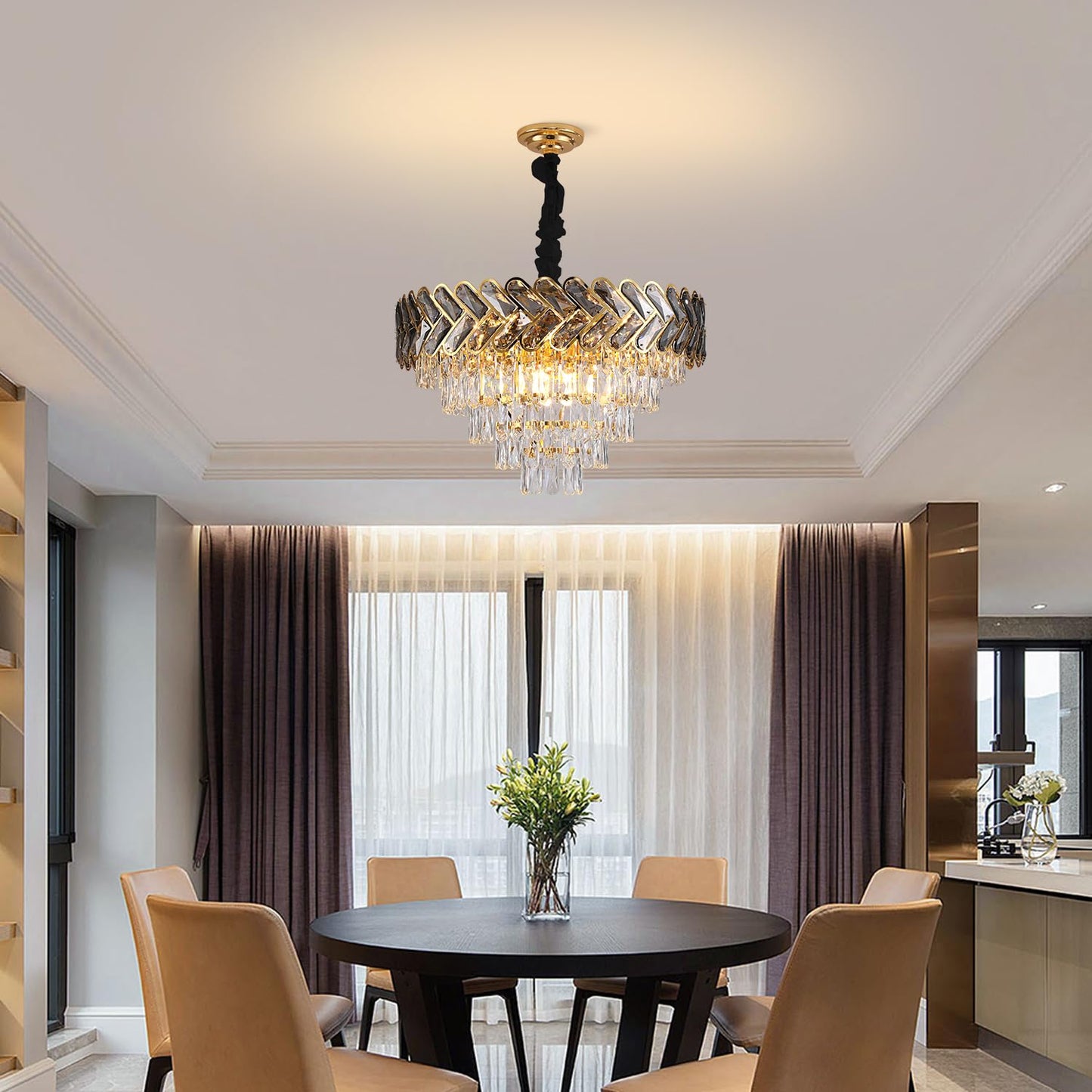 AVLRM 24" Gold Modern Crystal Chandelier Top K9 Round Crystals Chandeliers Adjustable Ceiling Light Fixture 5-Tier Crystal Pendant Lamp 9-Light for Dinning Room Living Room Foyer