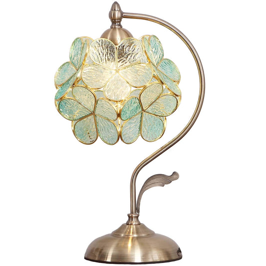 Bieye L10733 Tiffany Style Stained Glass Flower Petal Table Lamp with Brass Base for Home Décor (Light Blue, 8" Cherry Blossom)