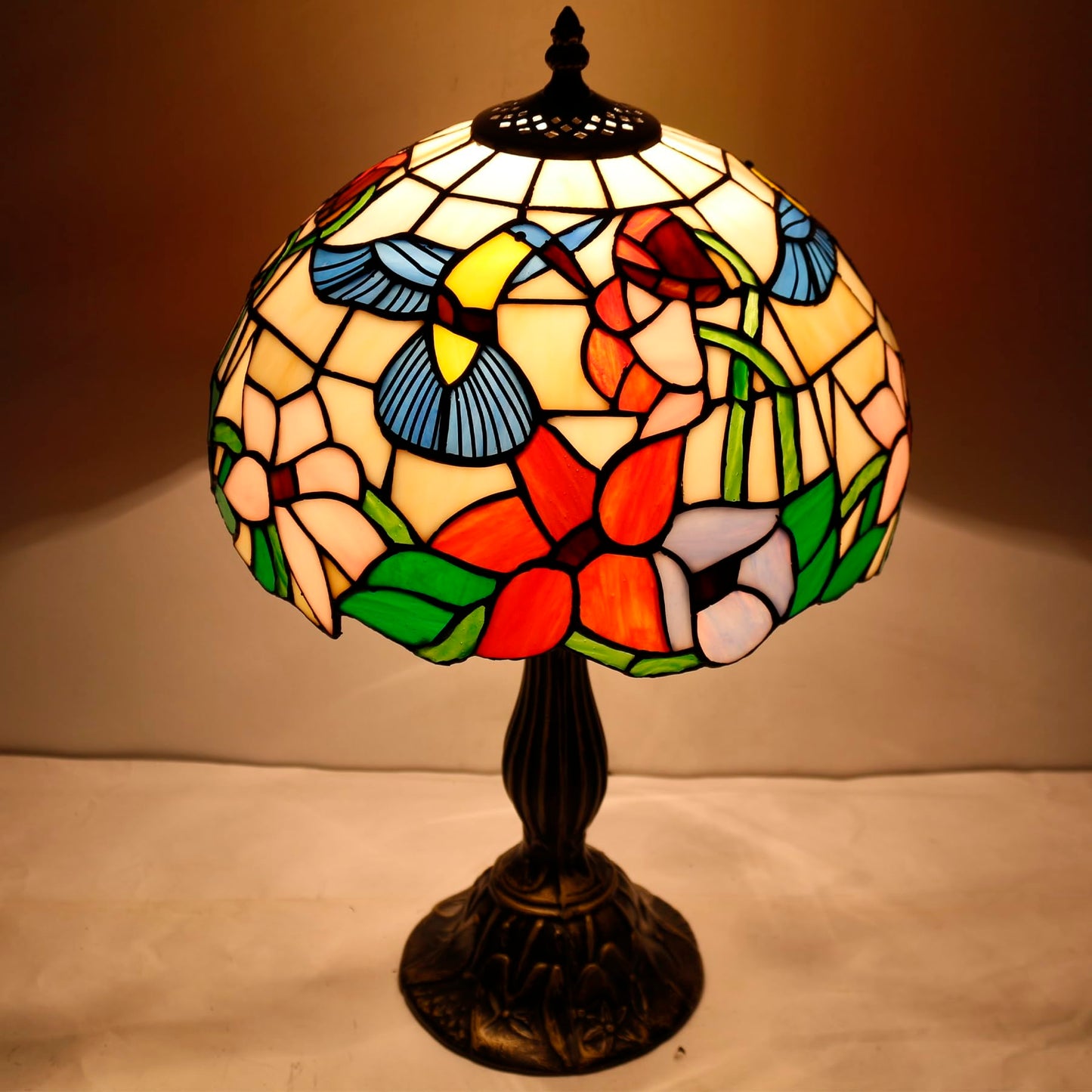 WERFACTORY Tiffany Lamp Stained Glass Lamp Hummingbird Style Bedside Table Lamp Desk Reading Light 12X12X18 Inches Decor Bedroom Living Room Home Office S101 Series