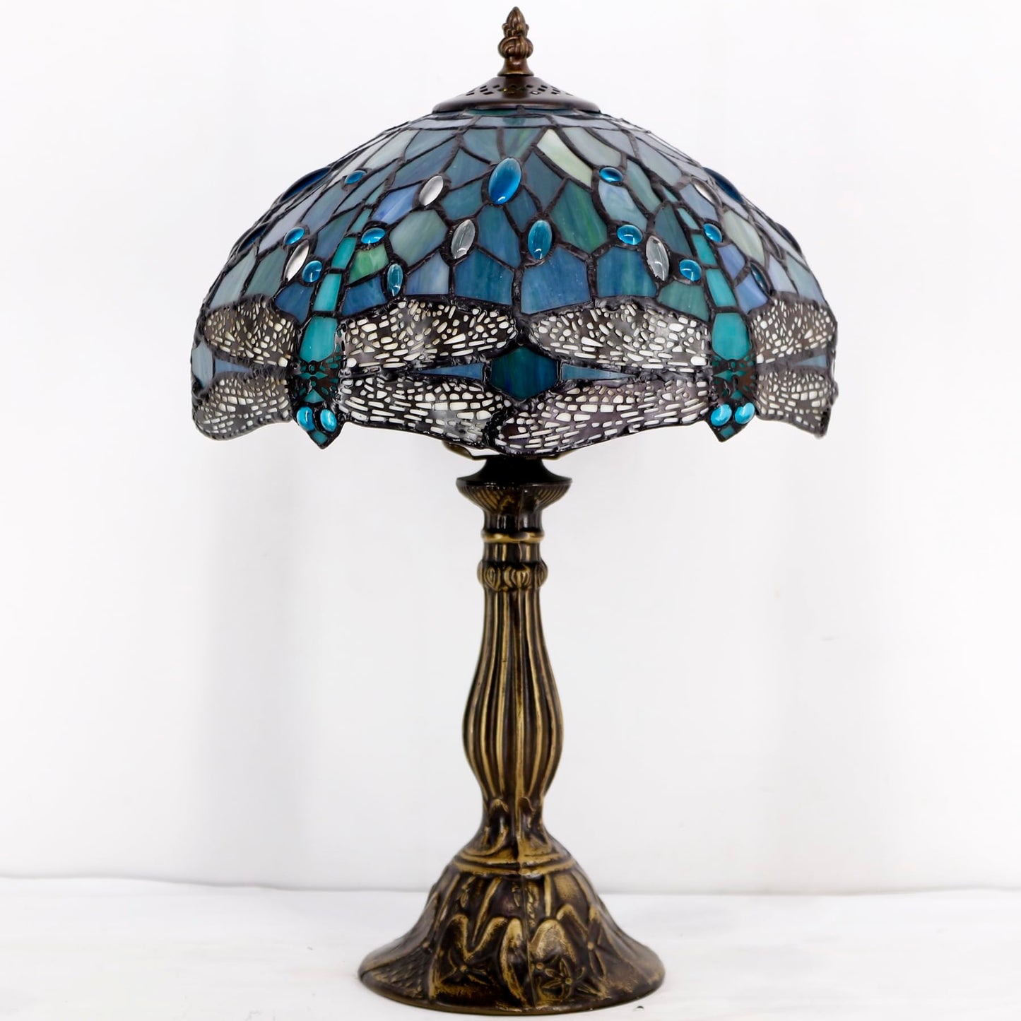 WERFACTORY Tiffany Lamp Sea Blue Stained Glass Table Lamp 12X12X18 Inches Dragonfly Style Desk Reading Light S147 Series