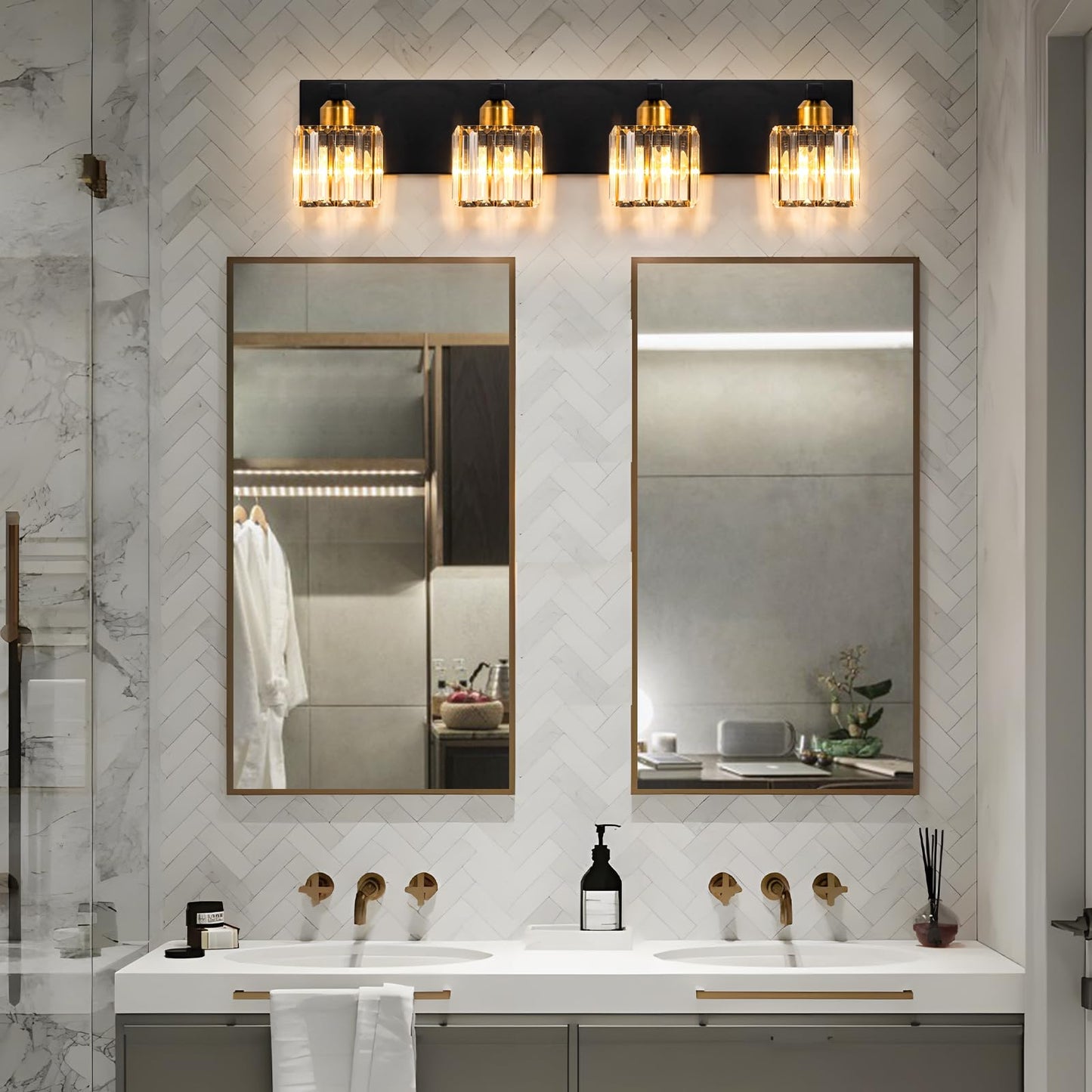 HUOKU Crystal Black Gold Bathroom Vanity Light, 4-Lights Bathroom Lighting Fixtures Over Mirror Modern Crystal Wall Lighting with Square Shade