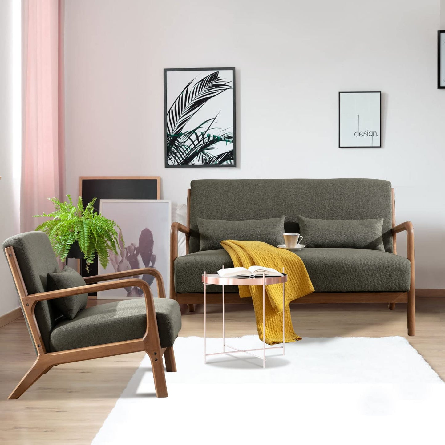 INZOY 50" Love seat Sofa 2 Seat Mid Century Modern Accent Chair, Uplostered 2 Person Couch Loveseat for Small Place Bedroom Office, Wood Frame and Attached 2 Waist Cushions, Green