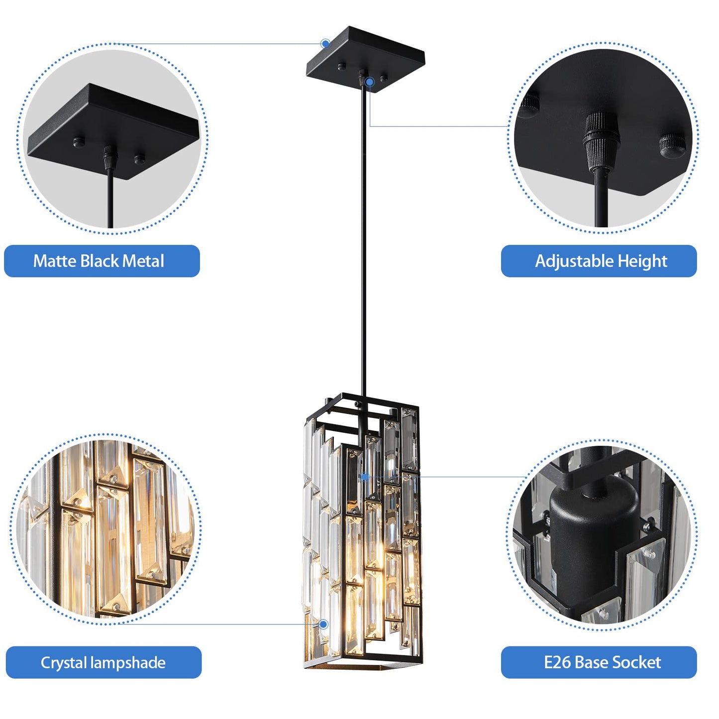 FDPBY Black Pendant Lighting Modern Pendant Light, Mini Crystal Chandeliers,Adjustable Pendant Light Fixture for Kitchen Island Dinning Room Bedroom (3 Pack)