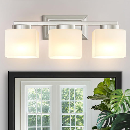 EJIAXIN 3-Light Bathroom Light Fixtures - Brushed Nickel Bathroom Vanity Lights with Glass Shade Modern Bathroom Lighting Fixtures Over Mirror - Wall Sconce Lamps for Bedroom,Living Room,Hallway