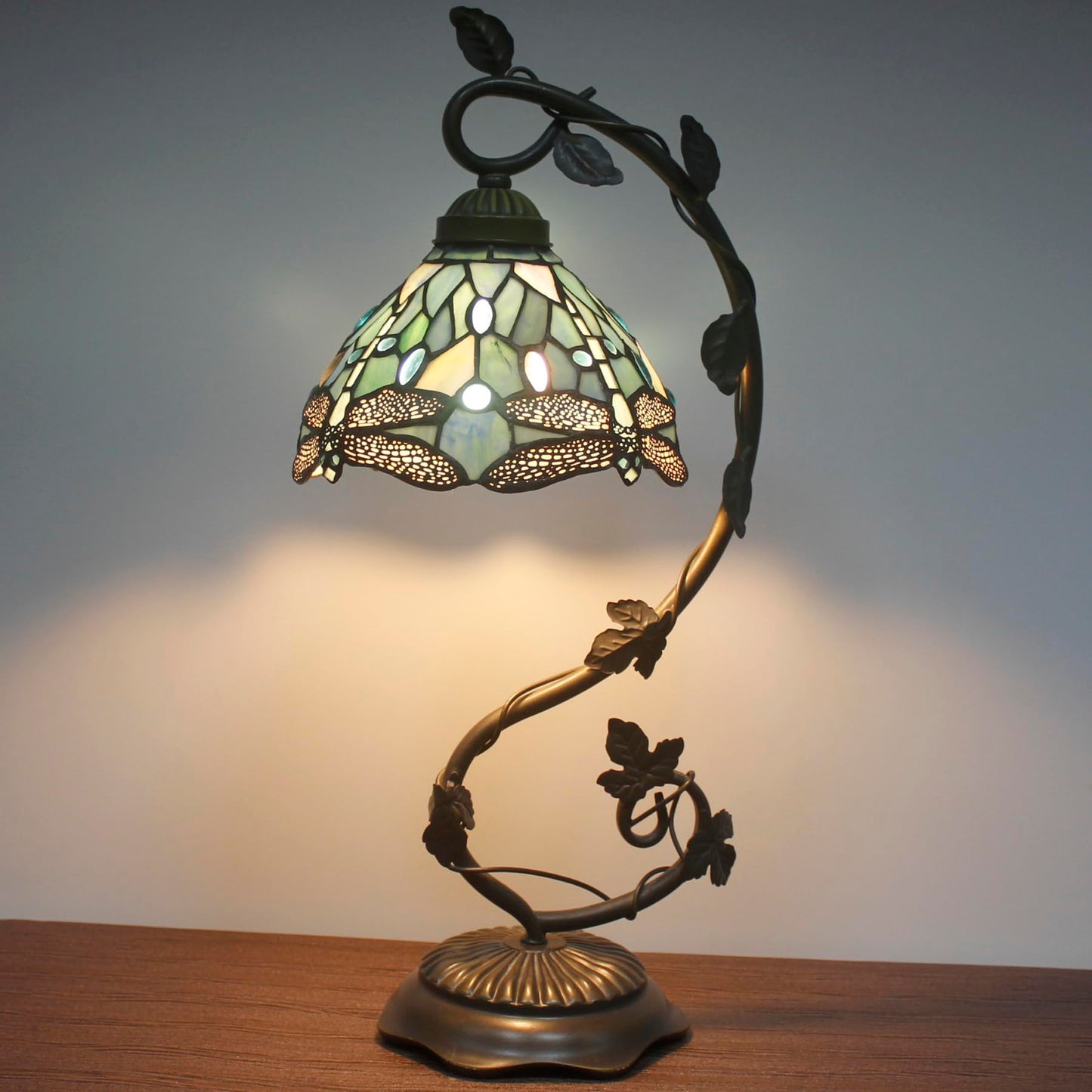 WERFACTORY Tiffany Lamp Sea Blue Stained Glass Dragonfly Style Desk Reading Light, Metal Leaf Table Lamp Base 8X10X21 Inches Decor Small Space Bedside Bedroom Home Office S147 Series