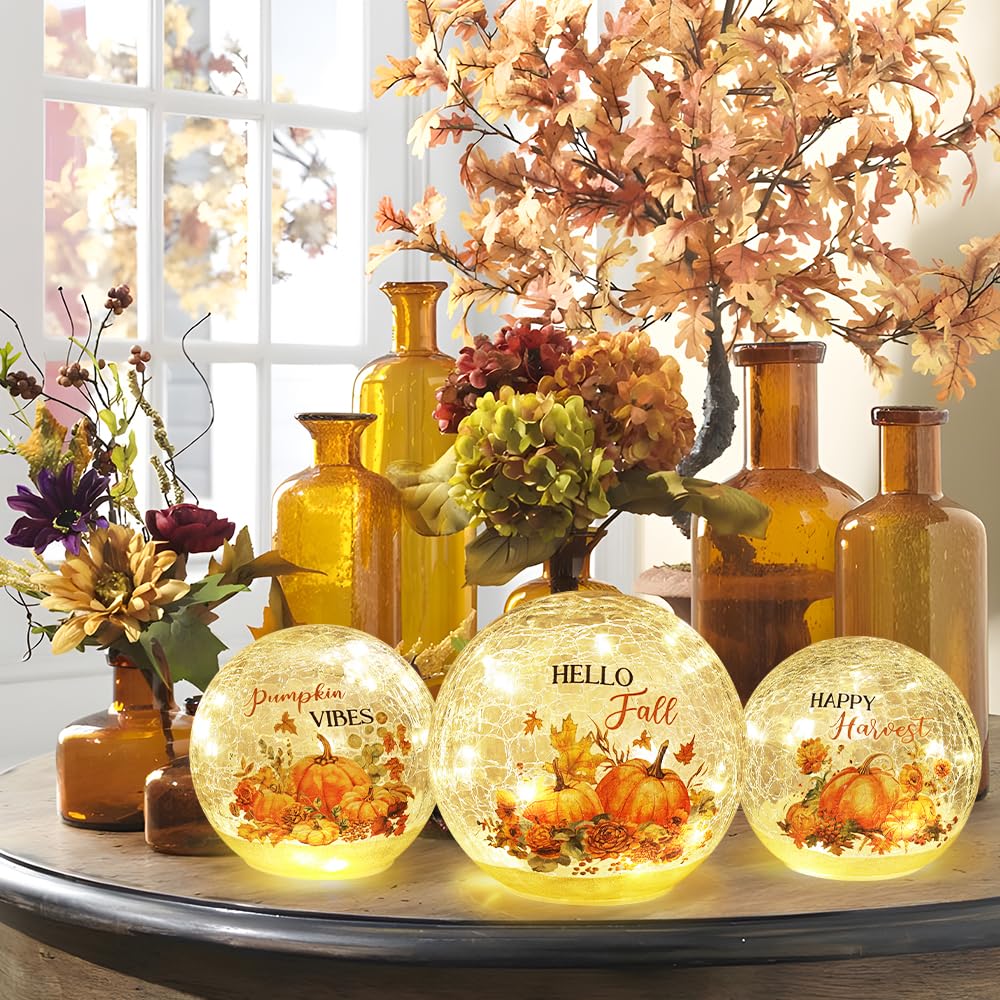 NEEDOMO Fall Table Decor, Set of 3 Sparkling Crackle Glass Ball with LED Lights Timer Pumpkin Gnomes for Thanksgiving Decor, Autumn Centerpieces Thanksgiving Decorations for HomeTabletop Mantel Indoor