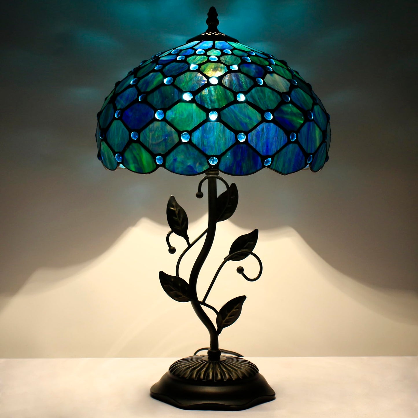 WXCFCD Tiffany Lamp Table Lamp Stained Glass Desk Light 12X12X19 Inches Reading Light Decor Bedroom Living Room (Sea Blue Pearl Style)