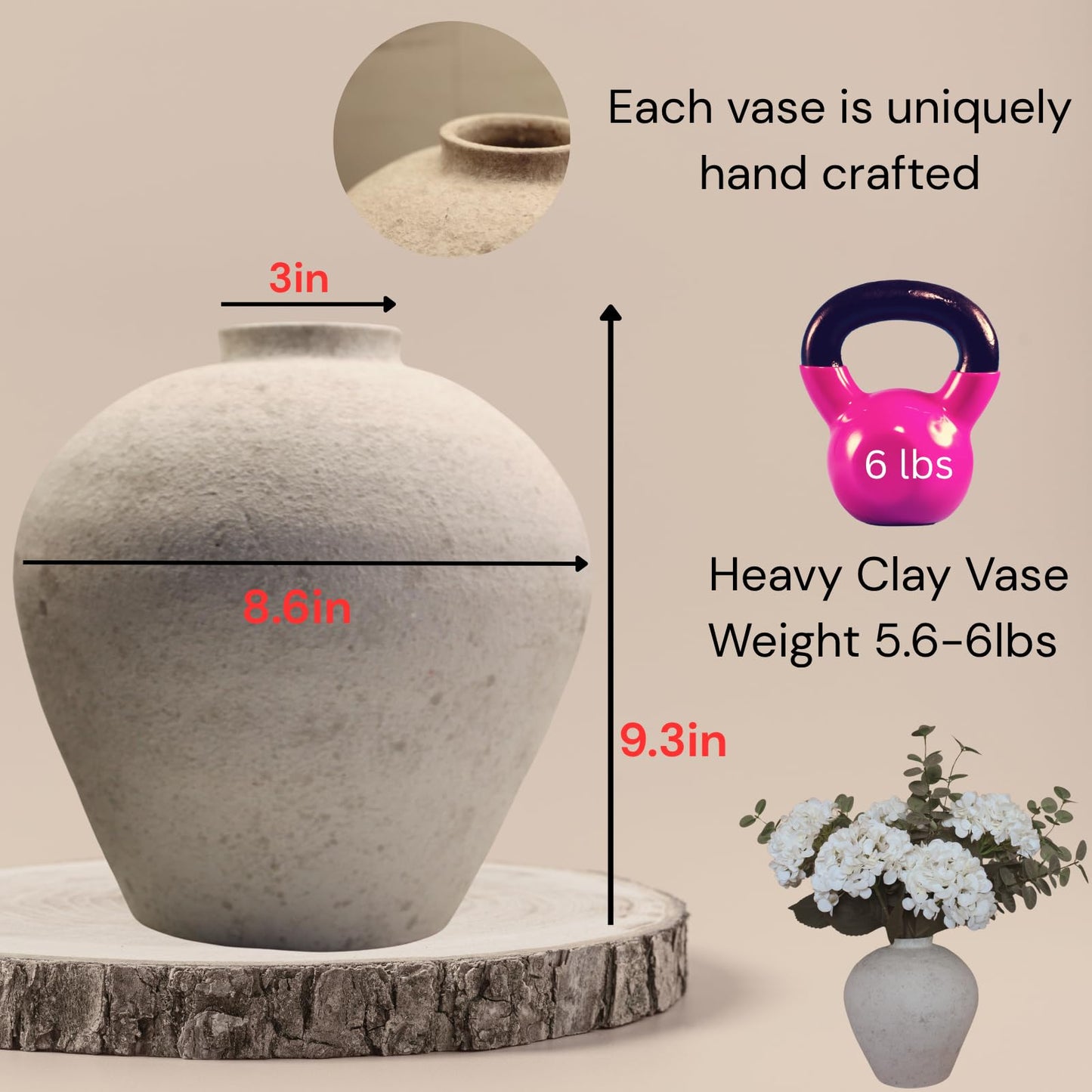 Handemade Large Round Vase for Centerpieces, White Rustic Vase Farmhouse Decor, Distressed Textured for Home Decorations, Earthy Room Decor Aesthetic, Stone Look Ceramic Clay Pottery, 10 inch
