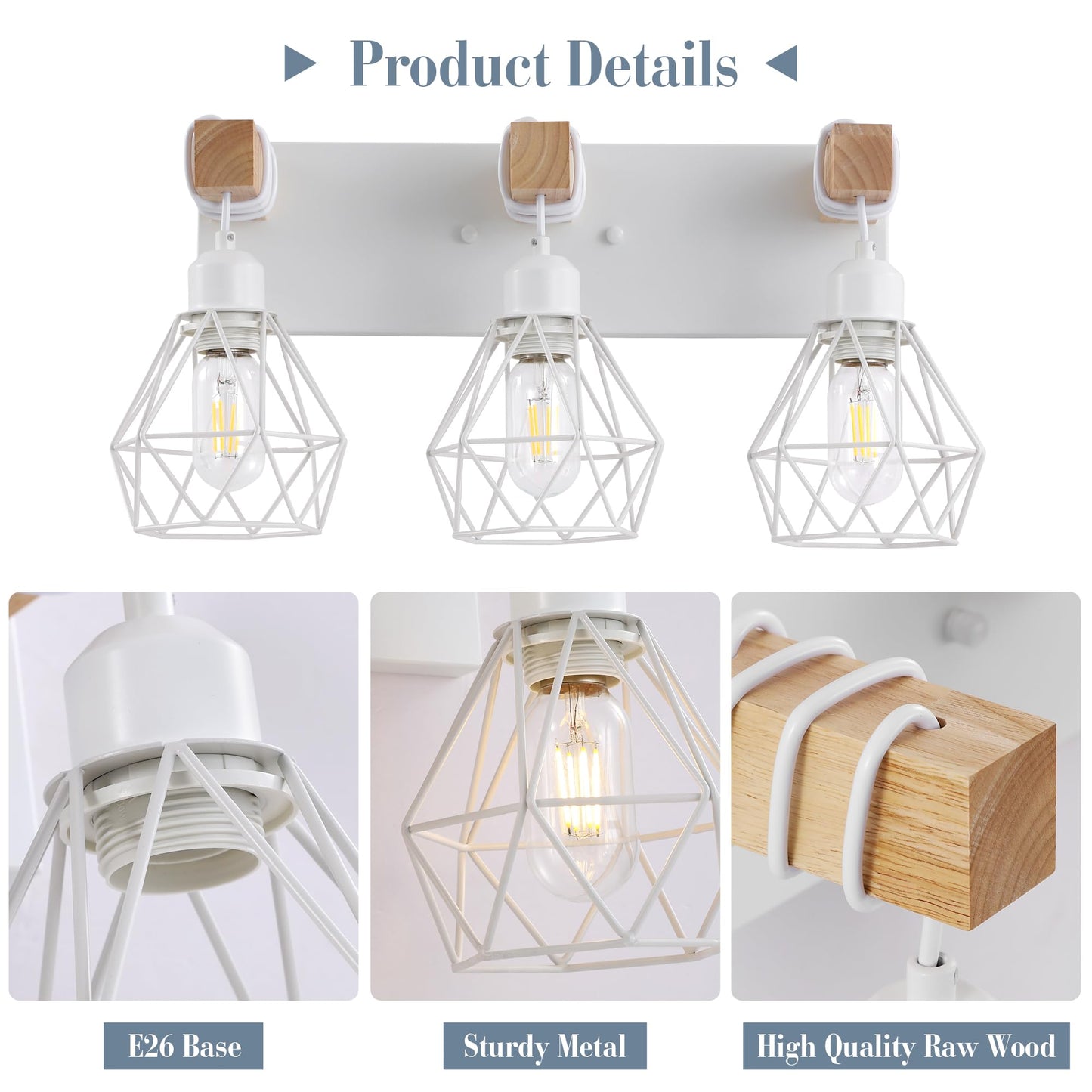 Farmhouse Vanity Light for Bathroom, 3-Light White Wood Bathroom Vanity Light Fixtures Over Mirror, Rustic Sconces Wall Lighting with Metal Lampshade for Living Room, Bedroom, Hallway