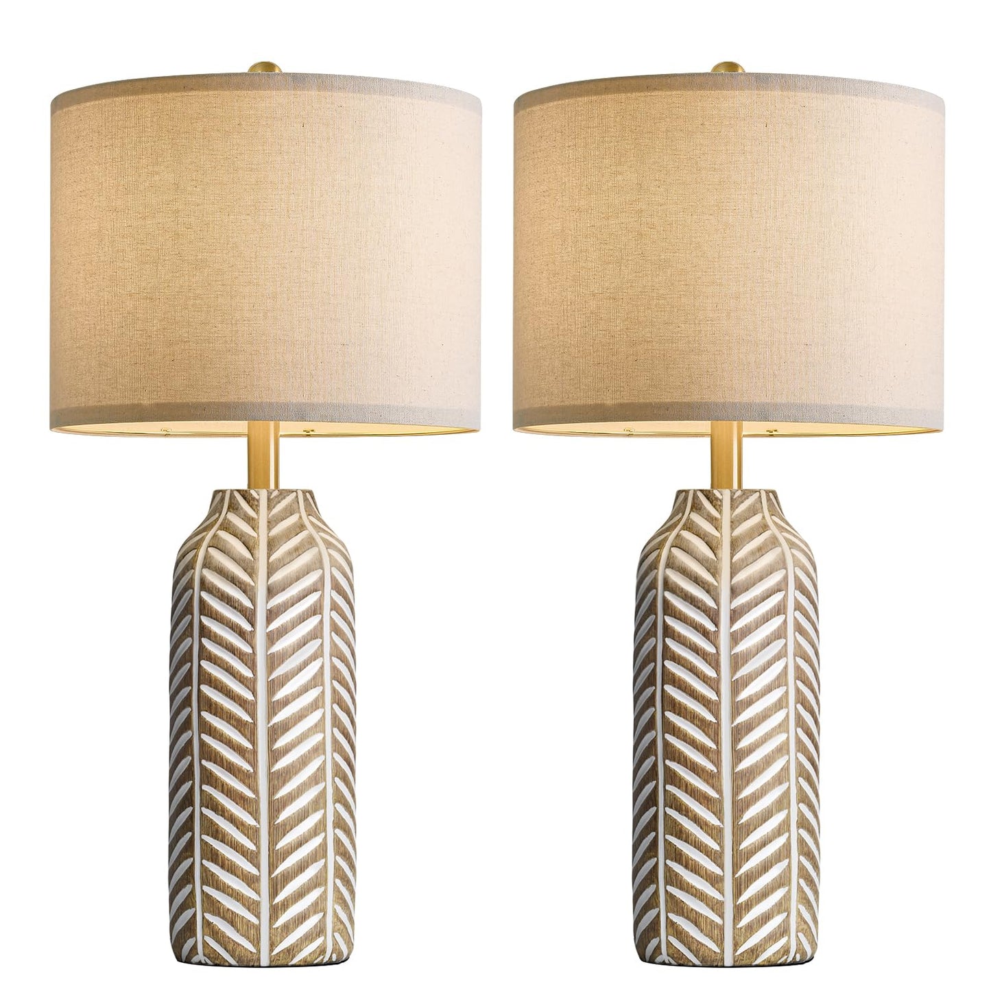 BOBOMOMO 26" Farmhouse Table Lamps Set of 2 - Vintage Leaf Design, Rustic Resin Nightstand Lamps for Bedroom, Living Room, Nursery, Hallway, Elegant Living Room Lamps with Linen Shades Antique Brown