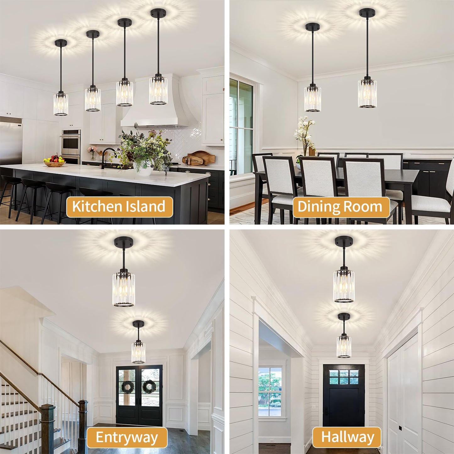 ZSMIHDOH 2 Pack Black Pendant Light, Modern Crystal Pendant Lights Kitchen Island Lighting, Hanging Light Fixtures Mini Chandelier Pendant Lights for Island Dining Room Hallway Bedroom