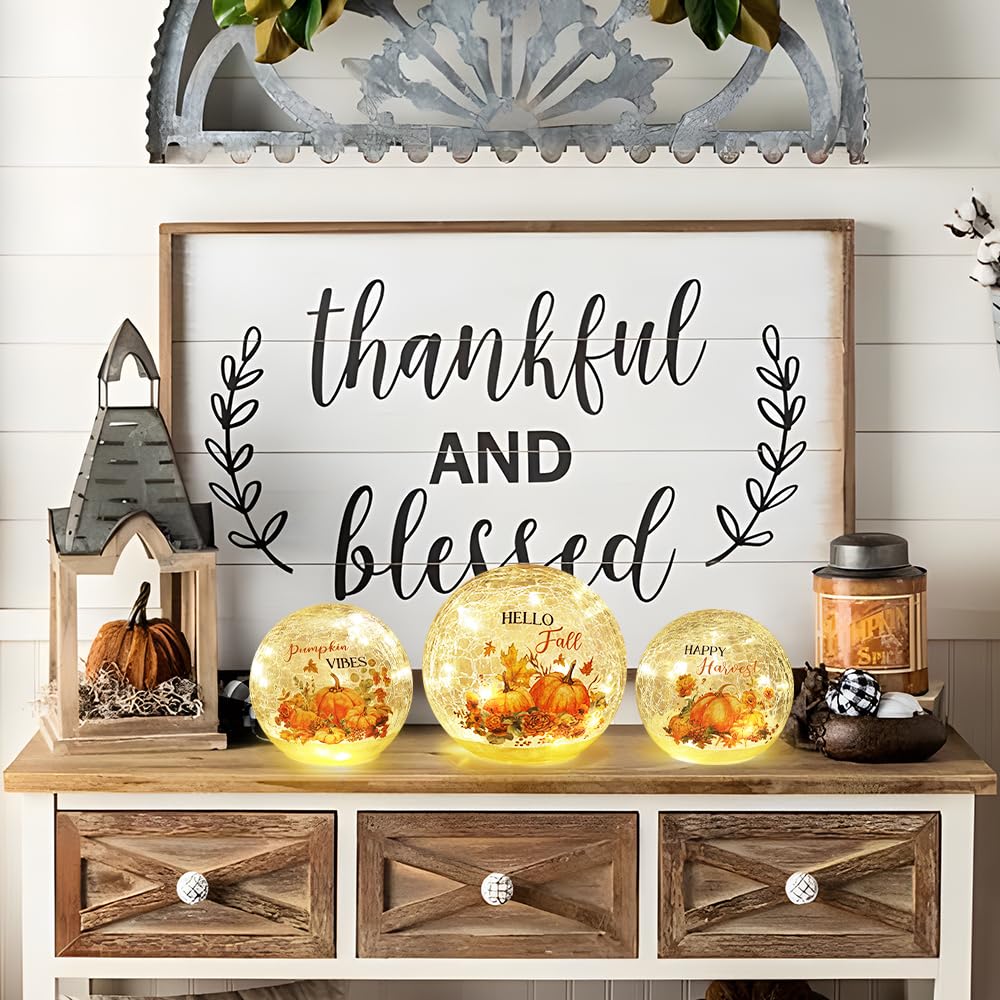 NEEDOMO Fall Table Decor, Set of 3 Sparkling Crackle Glass Ball with LED Lights Timer Pumpkin Gnomes for Thanksgiving Decor, Autumn Centerpieces Thanksgiving Decorations for HomeTabletop Mantel Indoor