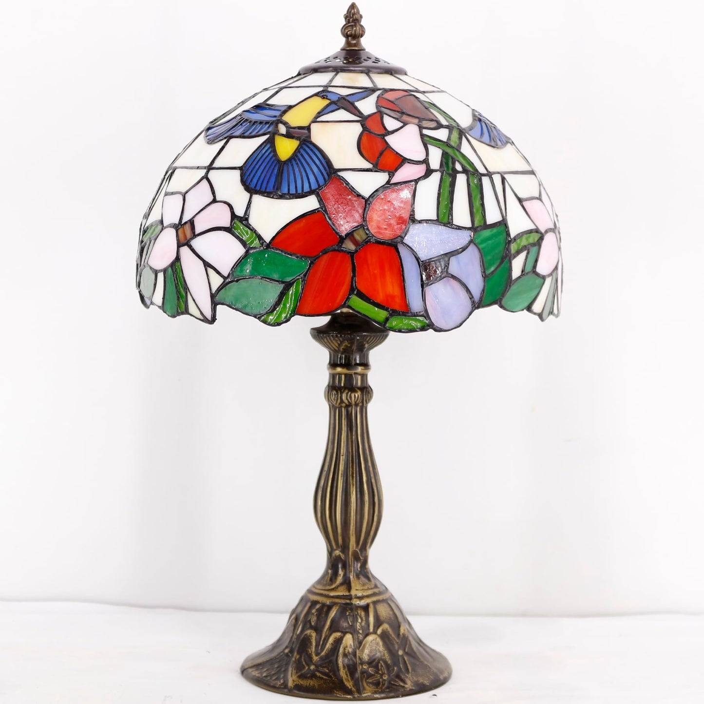 WERFACTORY Tiffany Lamp Stained Glass Lamp Hummingbird Style Bedside Table Lamp Desk Reading Light 12X12X18 Inches Decor Bedroom Living Room Home Office S101 Series