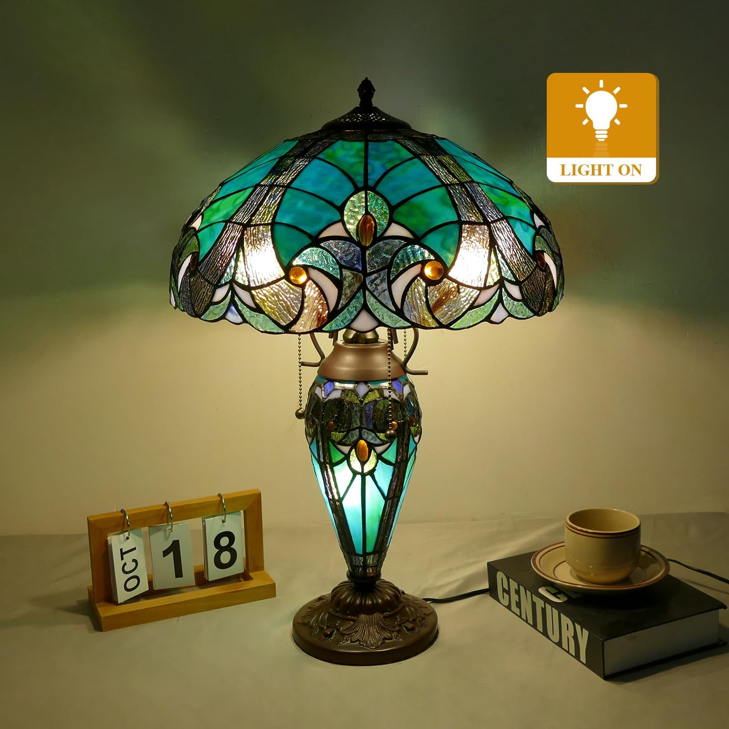 VirtueKing Tiffany Style Table Lamp 16 Inch Wide Green Tiffany Lamp Handmade Stained Glass Lamp 24" Tall Mother-Daughter Style Desk Reading Light Decor for Bedroom Living Room Home Office