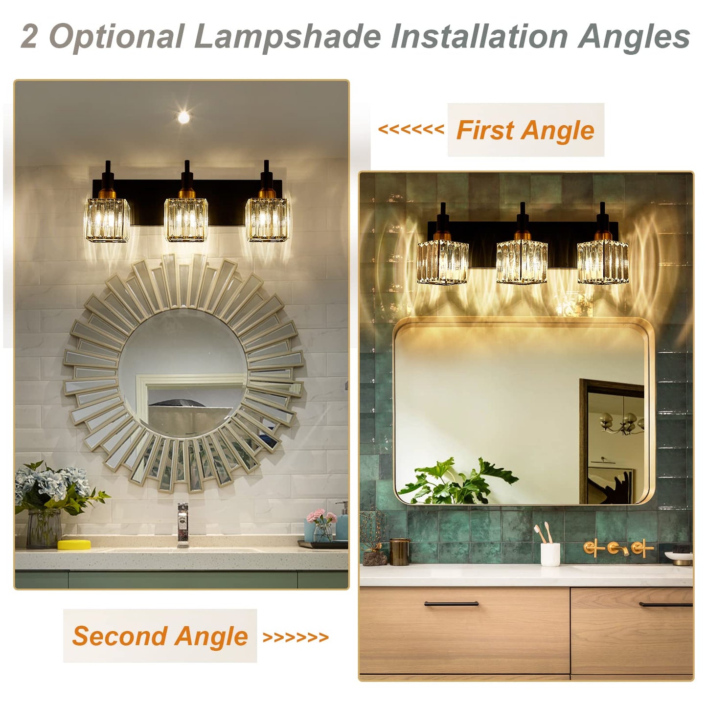 HUOKU Modern Crystal Bathroom Vanity Light 3-Light Brass Wall Light Fixtures Over Mirror Black and Gold Vanity Lighting for Bathroom Square Shade Brass Wall Sconce