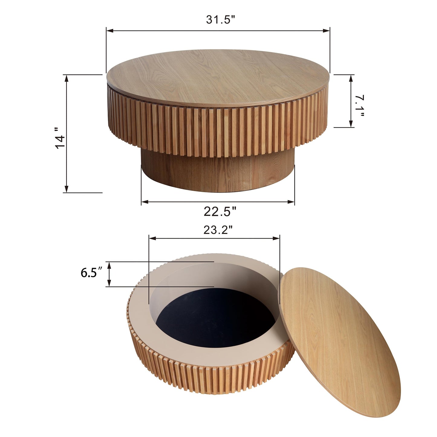 BSYEIO 31.5''Round Coffee Table with Storage, Modern Luxury Circle Drum Center Tables with Solid Wood Veneered, Accent Side Coffee Table for Living Room, Bedroom, Apartment-Natural