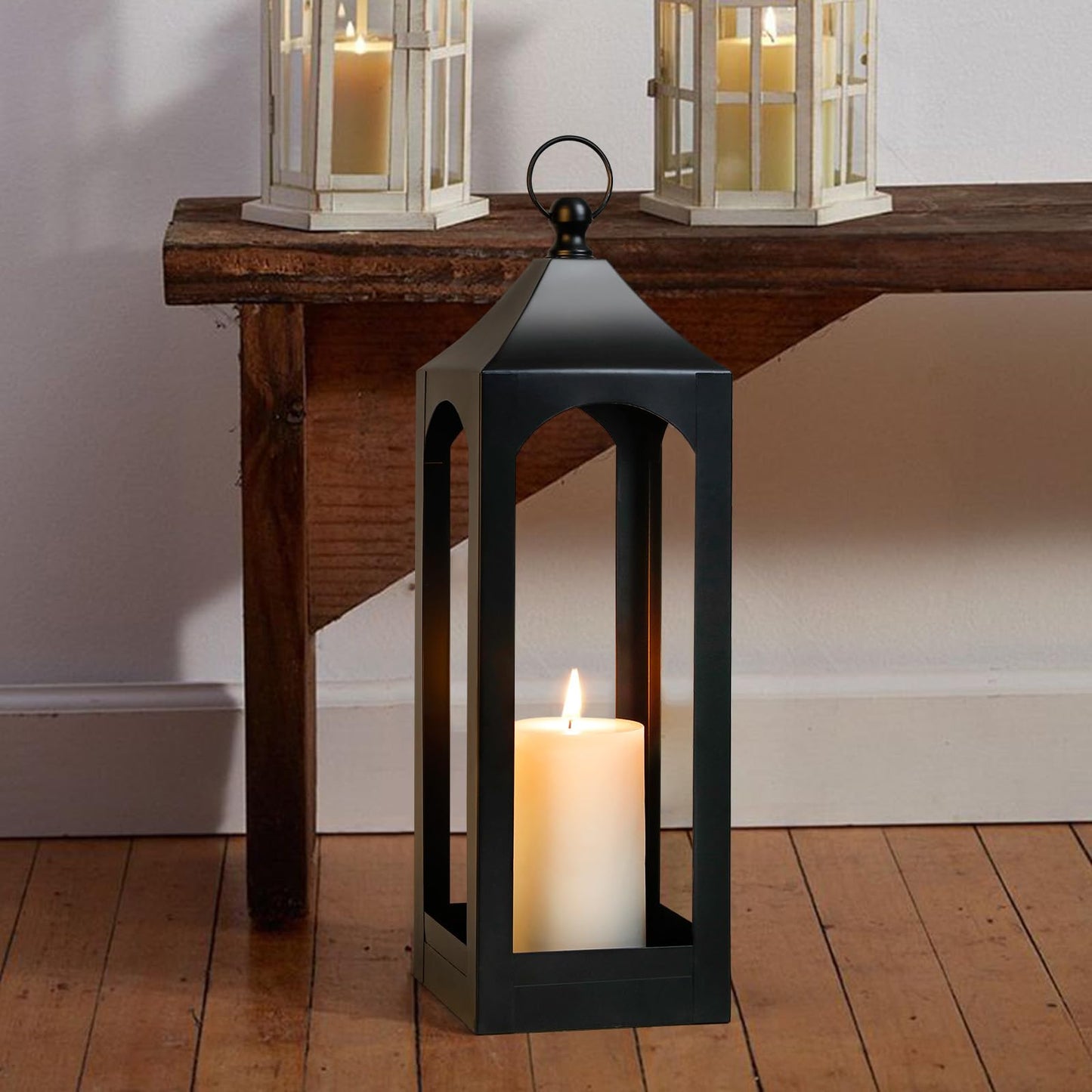 Modern Farmhouse Lantern Decor, Black Metal Decorative Hanging Candle Lanterns Ideal for Home Decor, Parties & Events, 21.2" High (No Glass Panel)