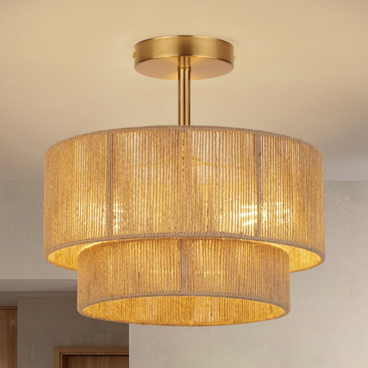 3-Light Boho Light Fixtures Ceiling Mount,12.6'' Rattan Semi Flush Mount Ceiling Light Fixture,Coastal Hemp rope Drum Light Fixtures with 2-Tier Shade, Farmhouse Light Fixture for Bedroom Hallway
